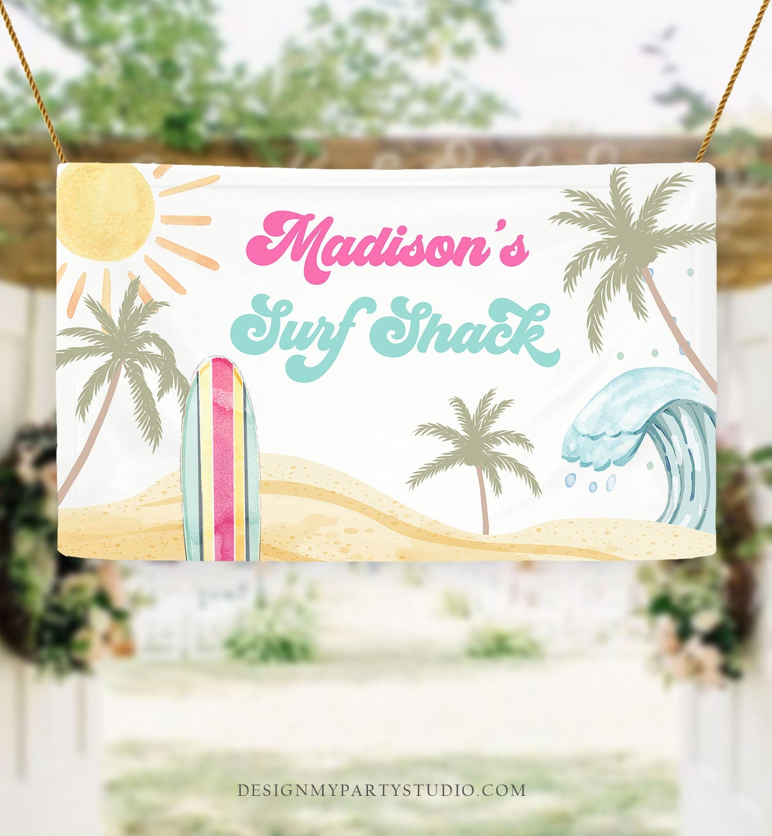 Editable Surf Birthday Backdrop Banner Surfing Girl First Beach The Big One Surf Shack Digital Download Template Printable 0433
