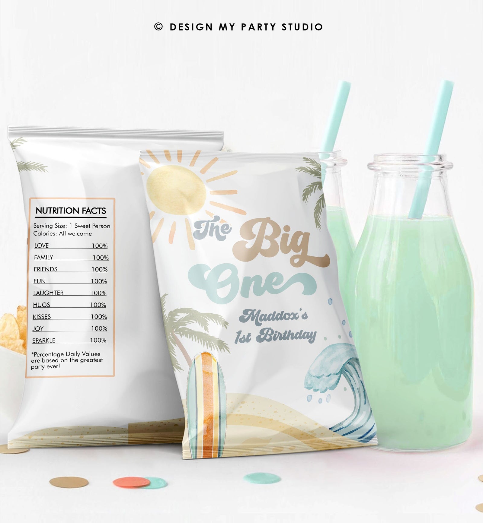 Editable Surf Party Chip Bag The Big One First Birthday Boy Surfing Surfboard Retro Beach Party Favors Digital Template Printable 0433