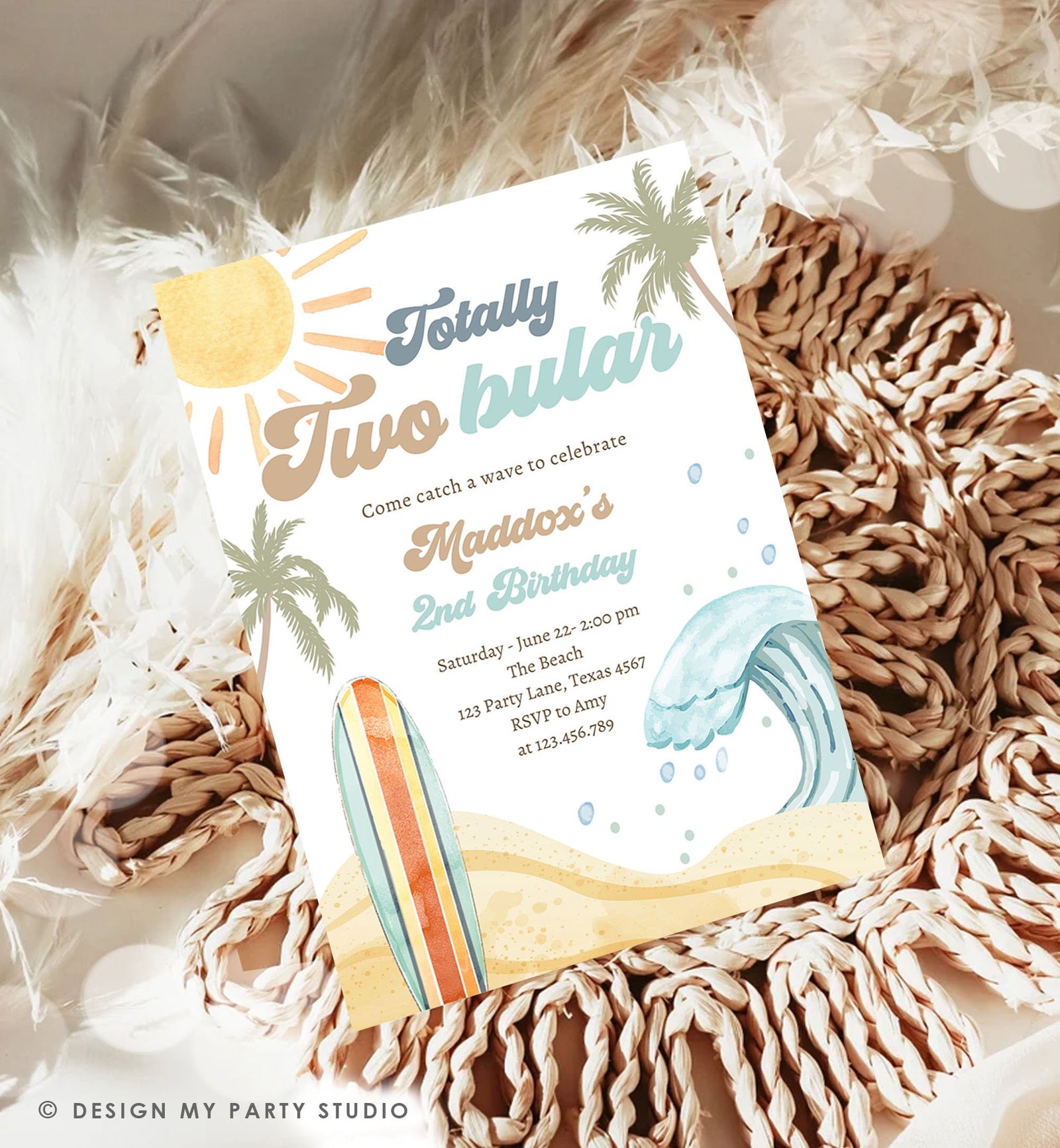 Editable Totally Two-Bular Surf 2nd Birthday Invitation Retro Surfboard Beach Party Wave Surfer Boho Download Template Corjl Digital 0433