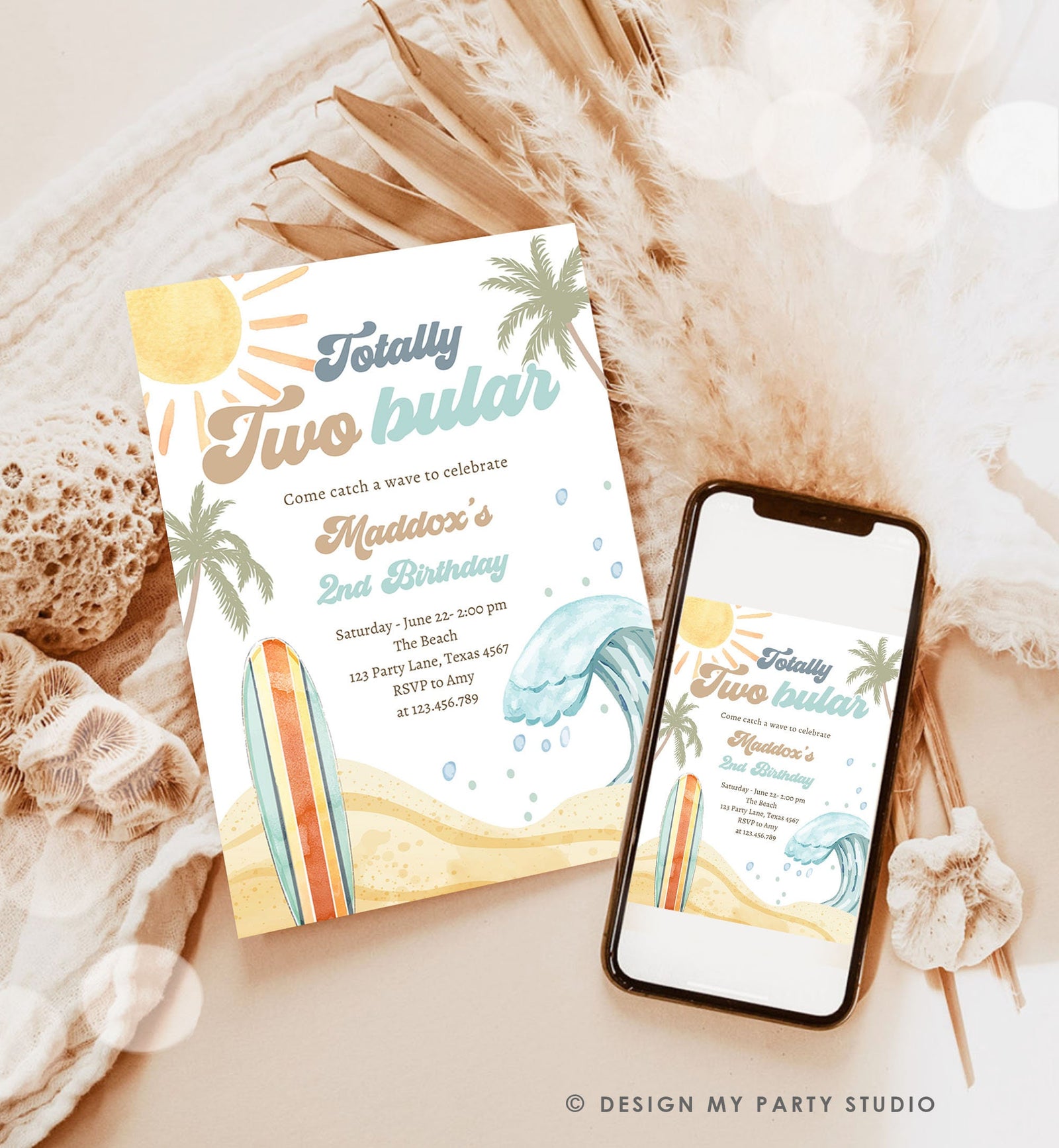 Editable Totally Two-Bular Surf 2nd Birthday Invitation Retro Surfboard Beach Party Wave Surfer Boho Download Template Corjl Digital 0433