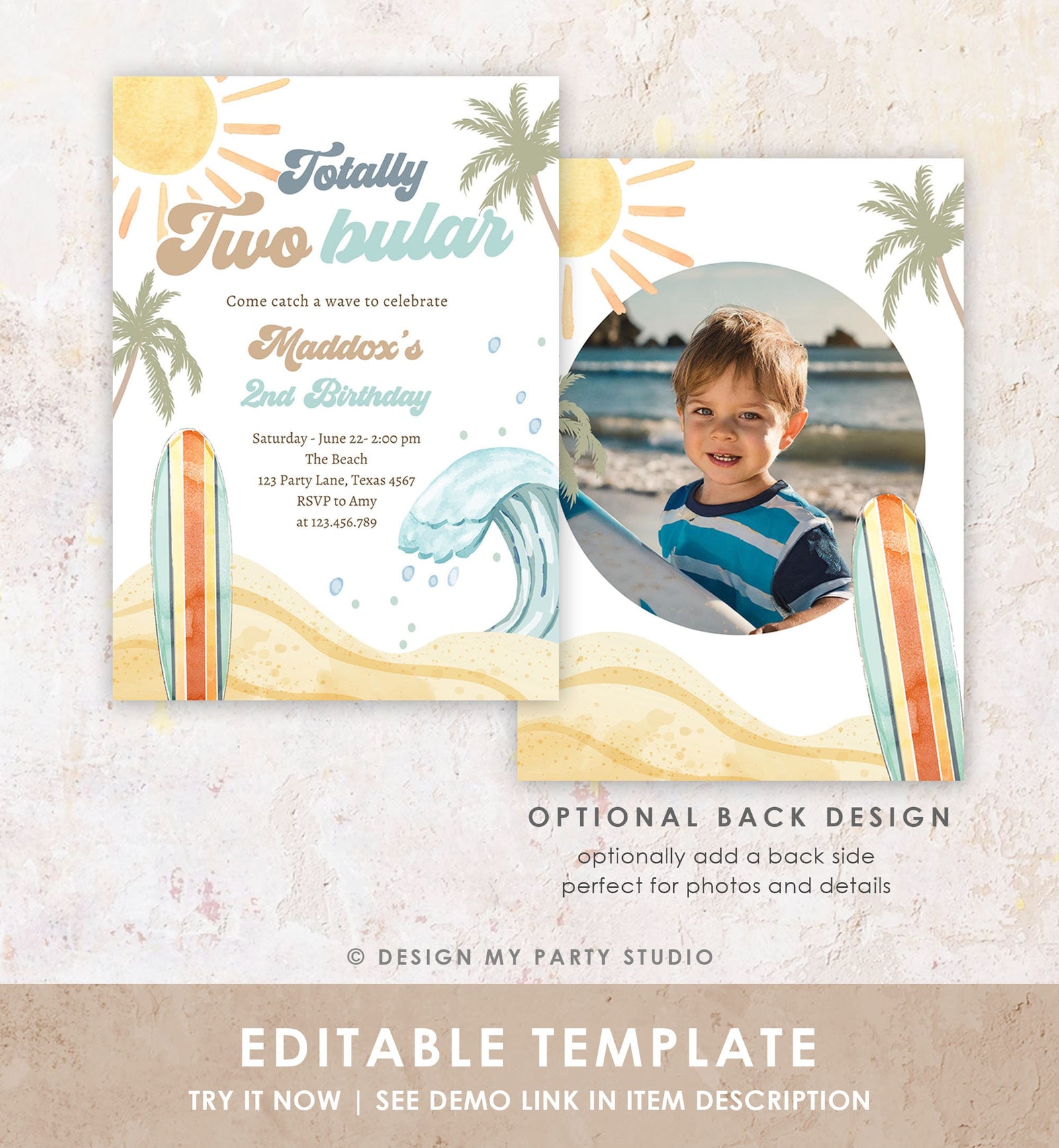 Editable Totally Two-Bular Surf 2nd Birthday Invitation Retro Surfboard Beach Party Wave Surfer Boho Download Template Corjl Digital 0433