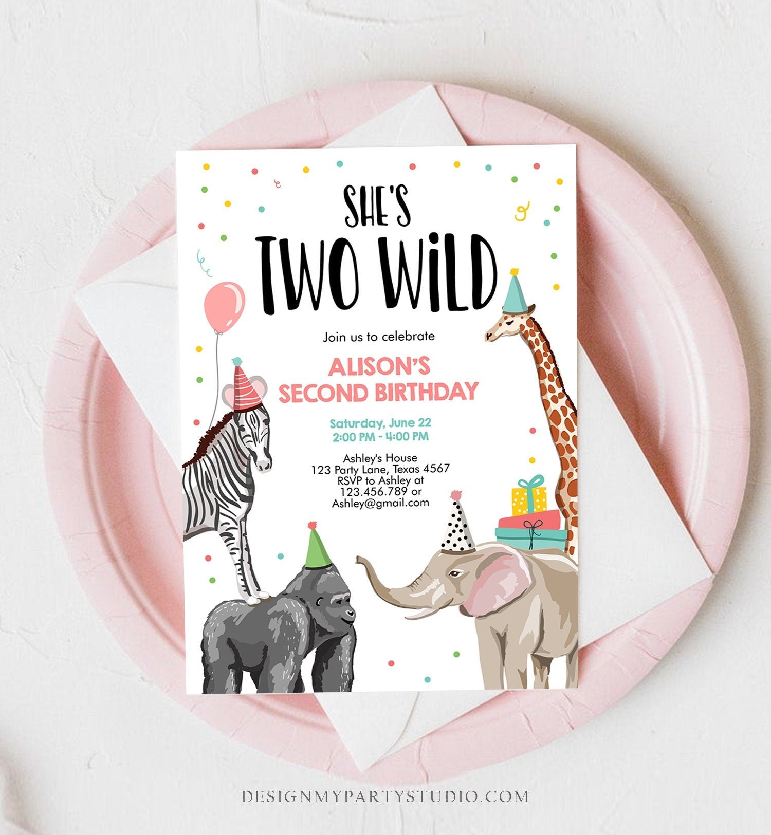Editable Birthday Invitation Girl Two Wild Animals Invite Pink Safari Animals Zoo Instant Download Printable Template Digital Corjl 0142