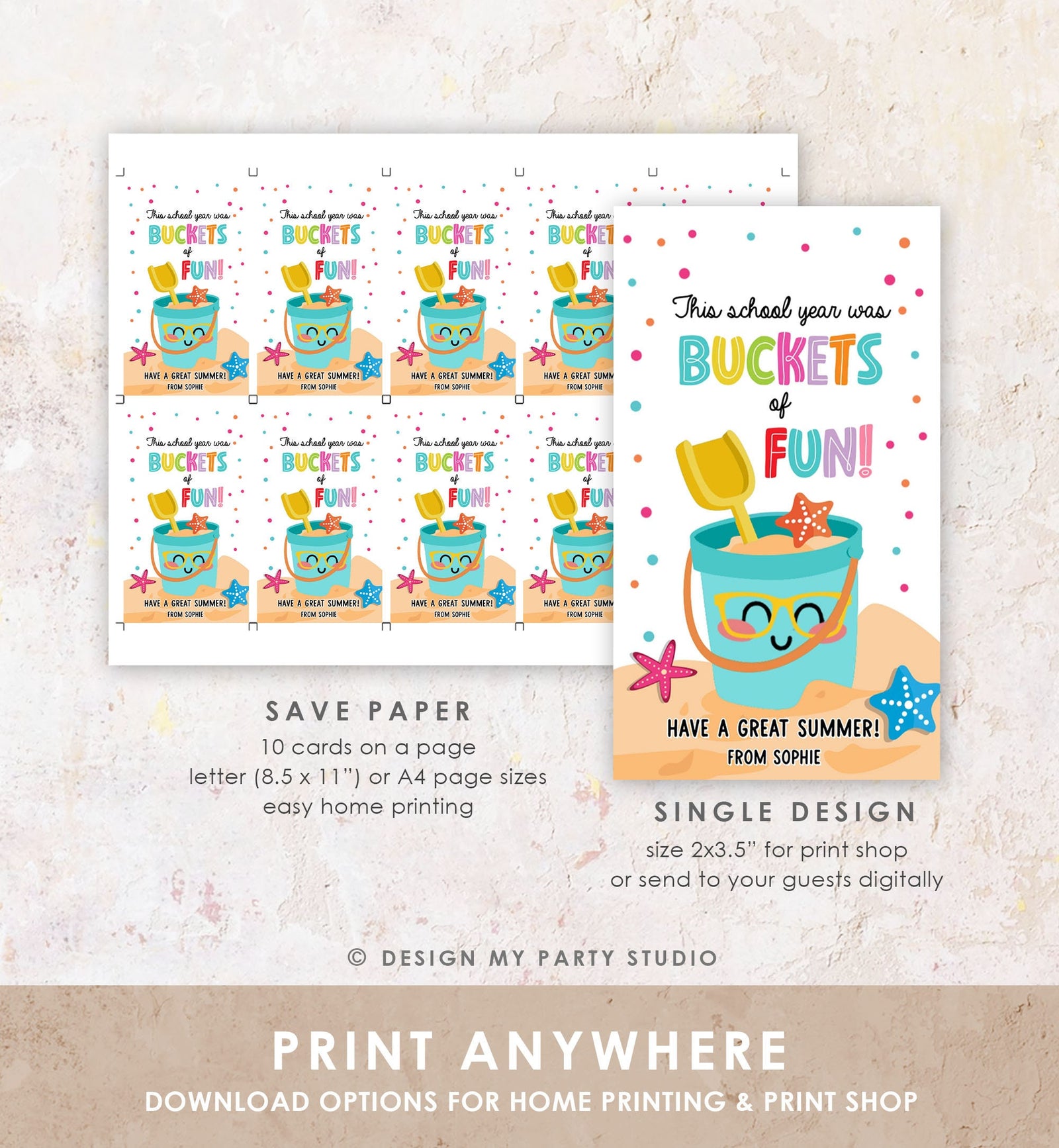 Editable Last Day of School Tag Buckets of Fun Summer End Of Year Tag Classroom Beach Teacher Appreciation Digital Template Printable 0464