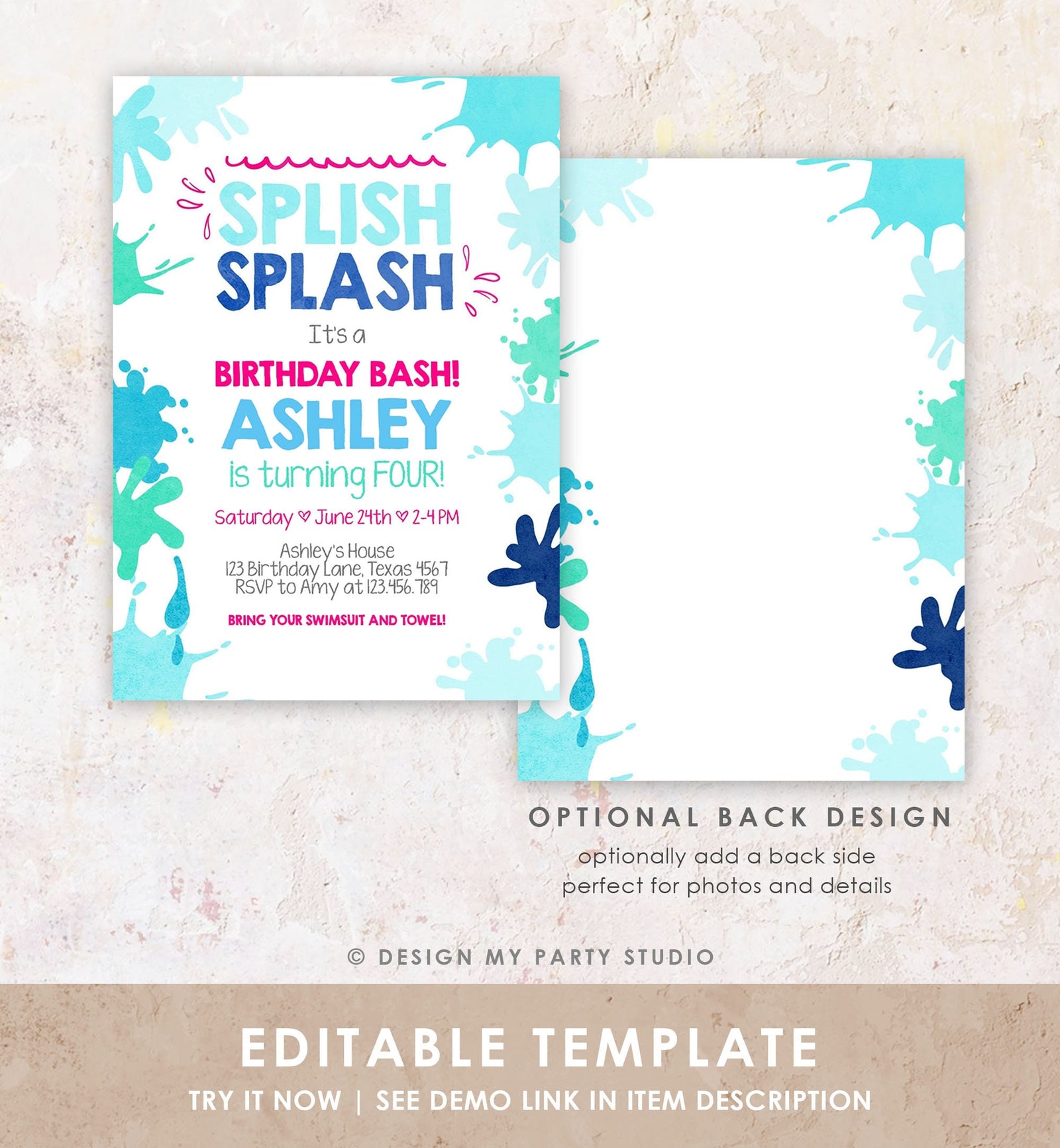 Editable Pool Party Invitation Splish Splash Birthday Invite Pool Party Bash Beach Swimming Summer Download Printable Template Corjl 0237
