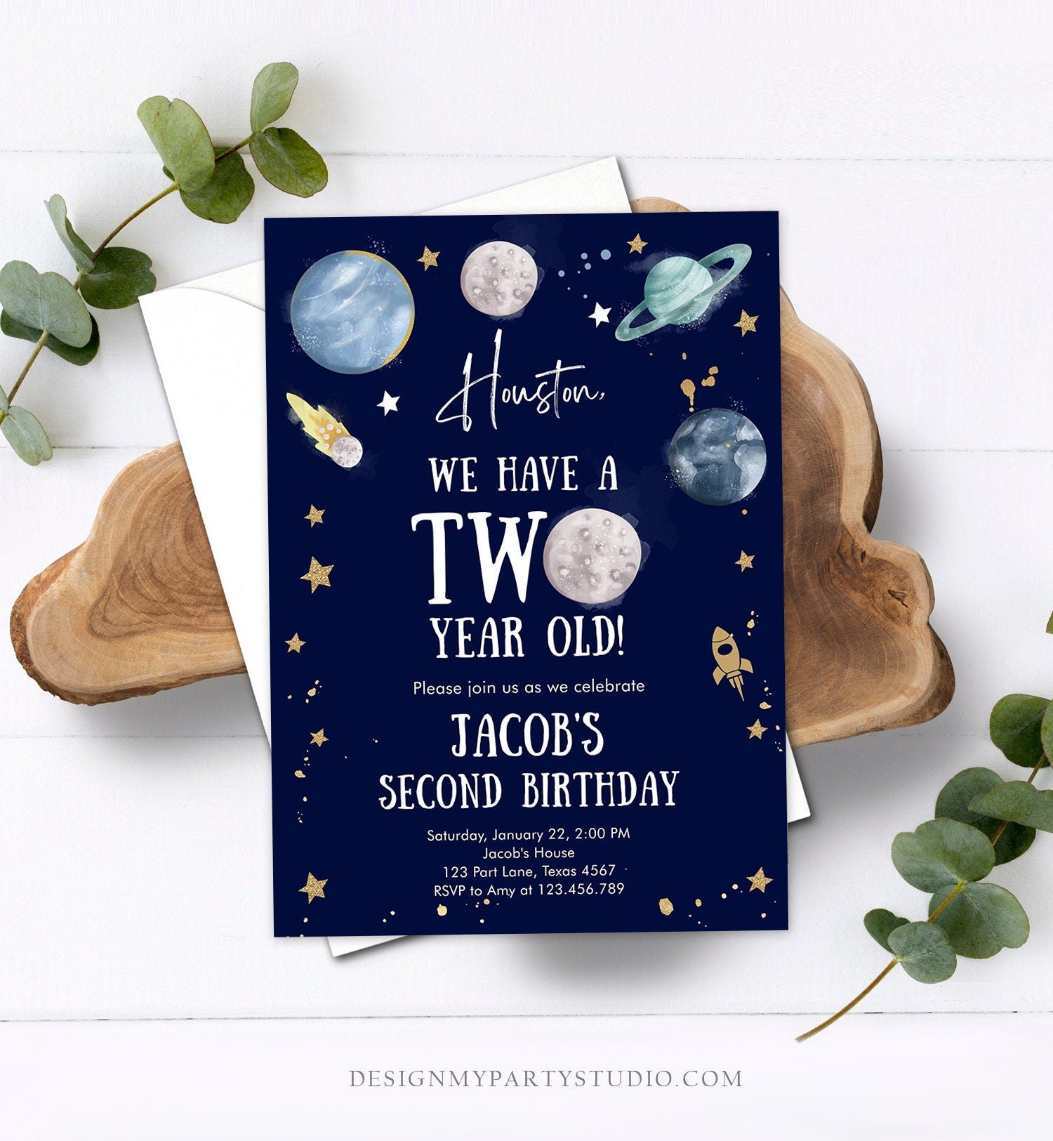 Editable Outer Space 2nd Birthday Invitation Galaxy Houston Two Year Old Second Birthday Boy Download Printable Template Digital Corjl 0357