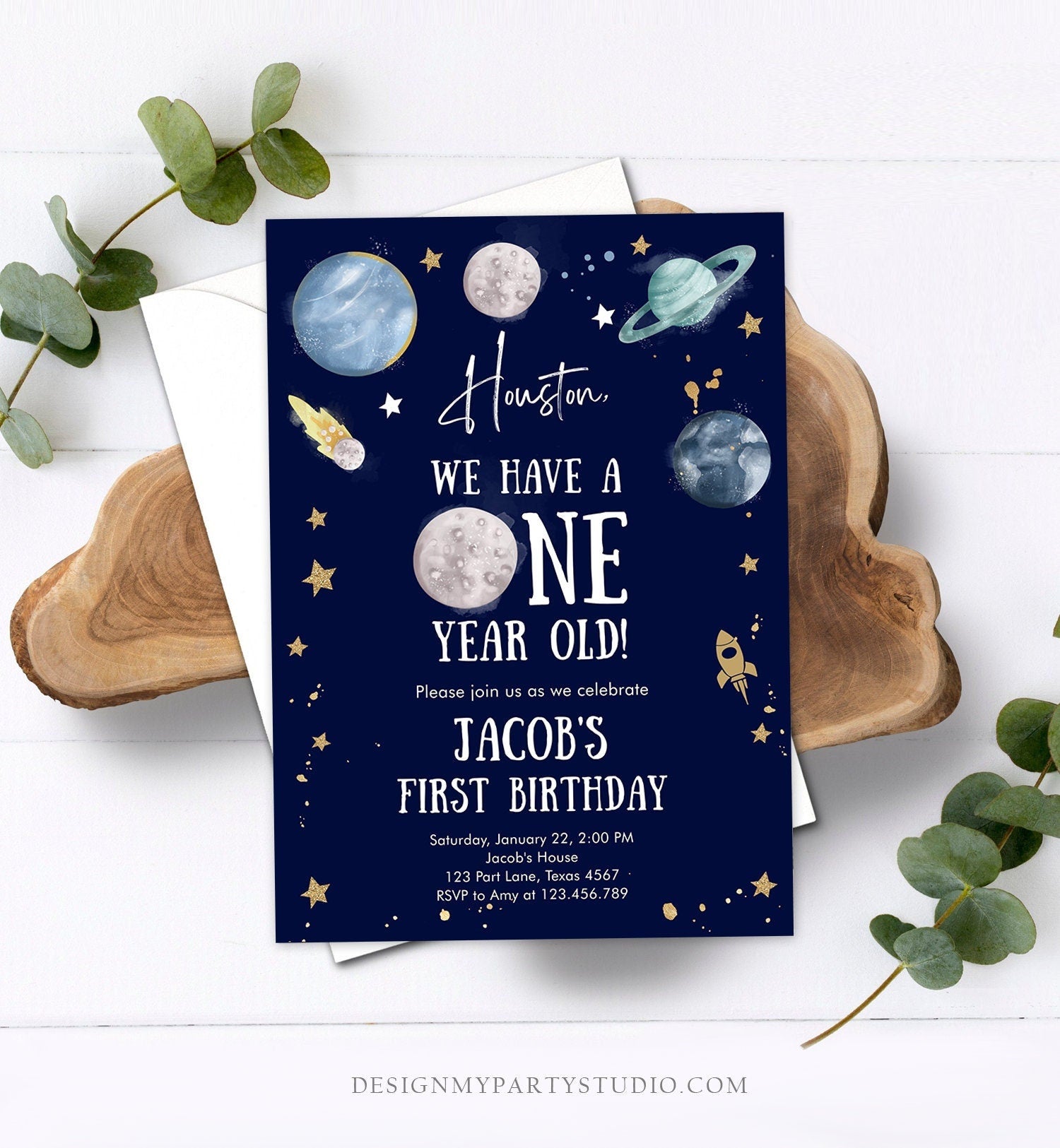 Editable Outer Space First Birthday Invitation Galaxy Houston First Trip Around the Sun One Digital Evite Template Printable 0357