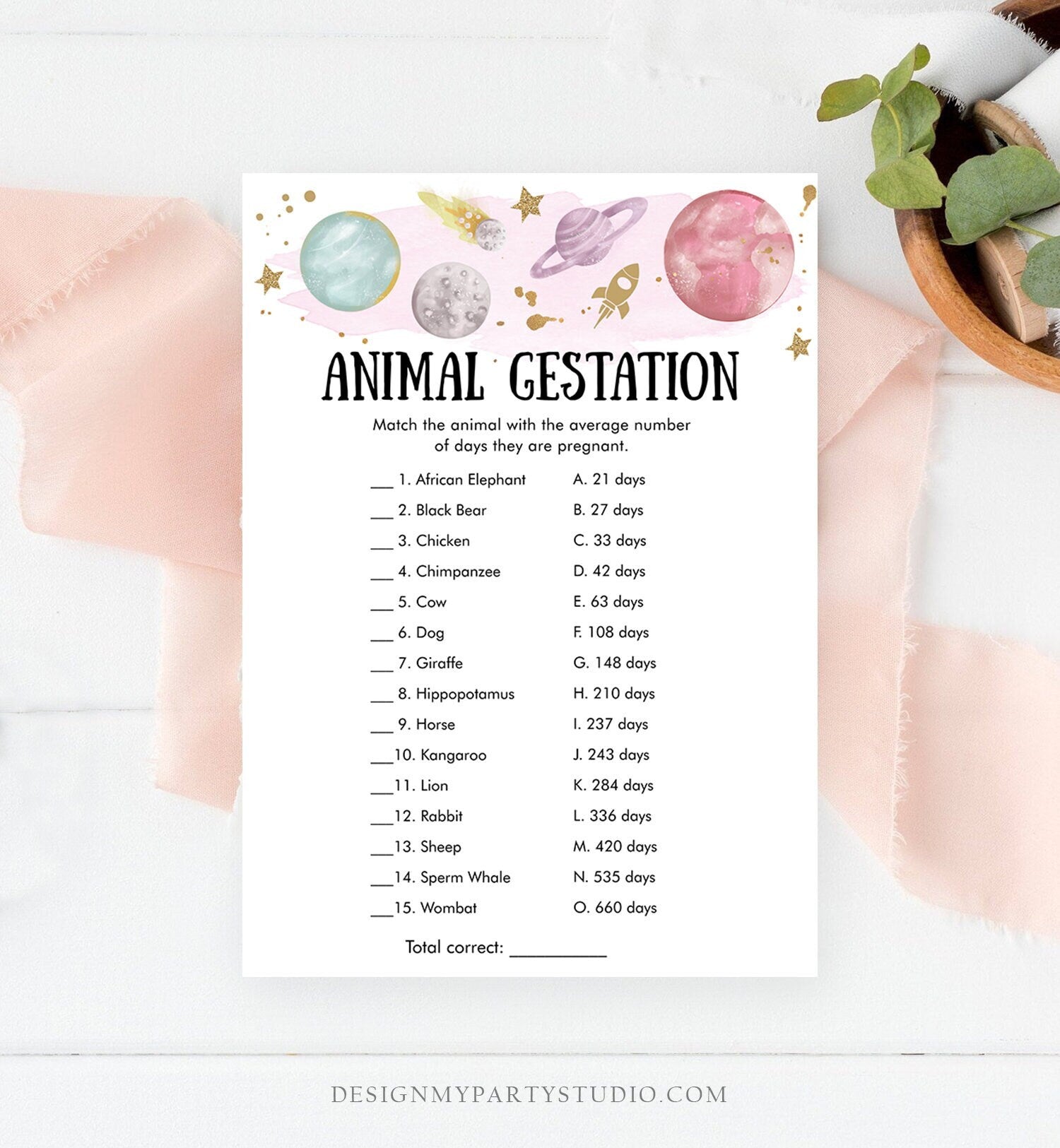Editable Animal Gestation Baby Shower Game Card Outer Space Planets Galaxy Girl Pregnancy Activity Digital Download Template Printable 0357