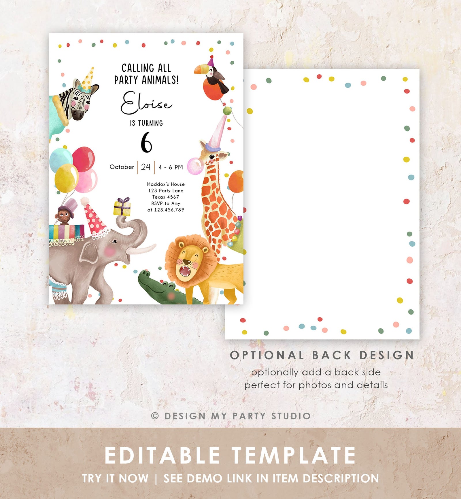 Editable Calling All Party Animals Birthday Invitation Wild One Jungle Zoo Safari Animals Boy Girl Digital Evite Template Printable 0482