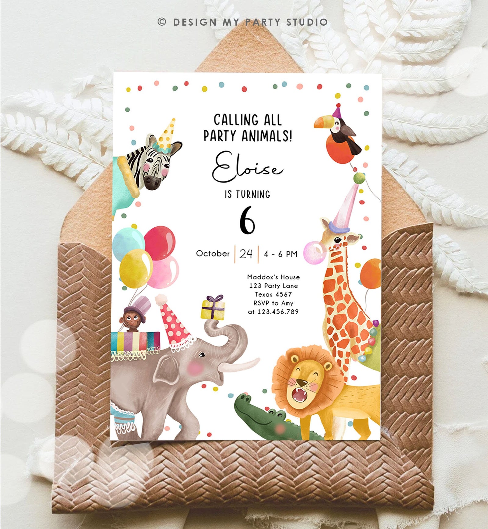 Editable Calling All Party Animals Birthday Invitation Wild One Jungle Zoo Safari Animals Boy Girl Digital Evite Template Printable 0482