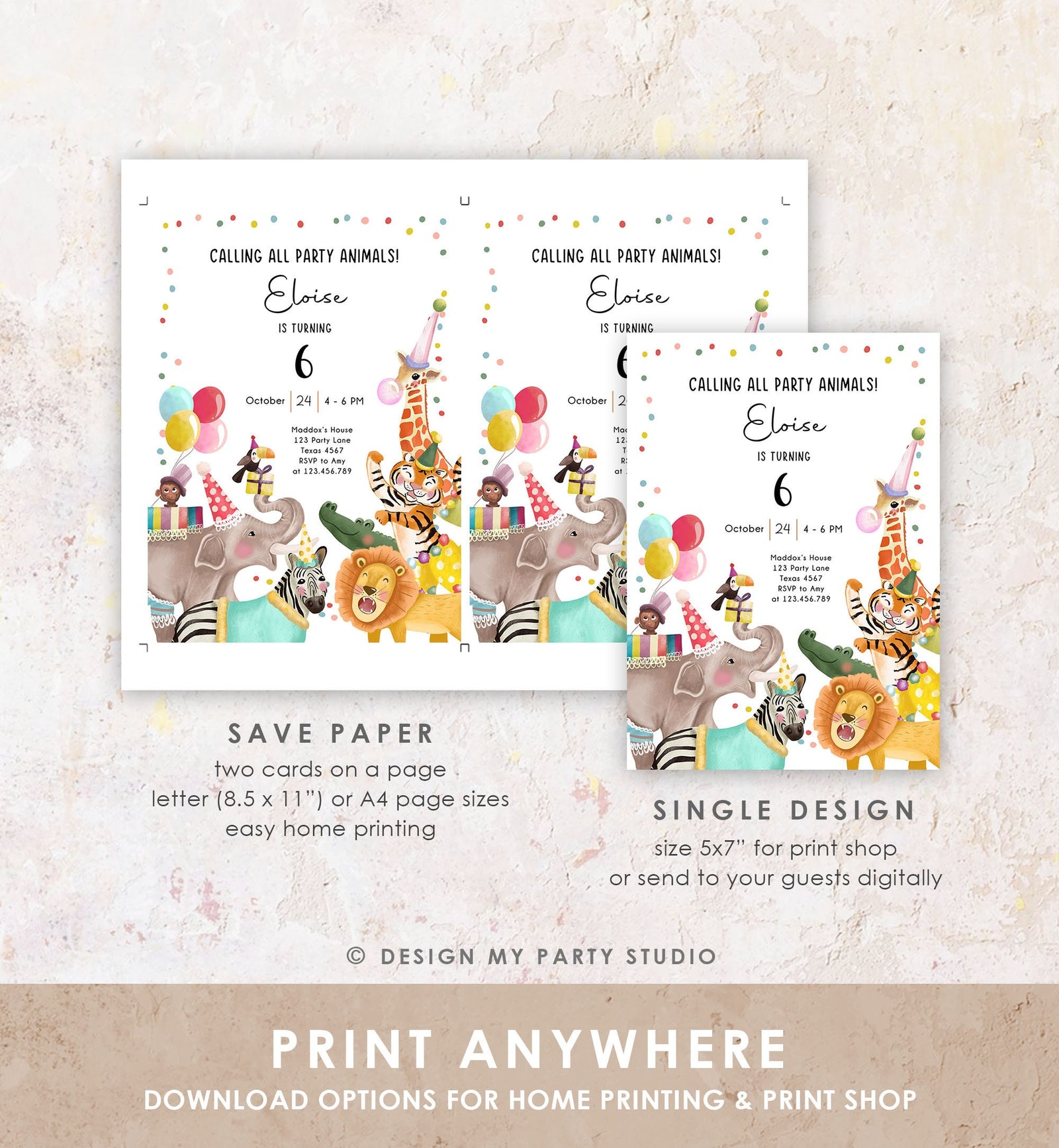 Editable Calling All Party Animals Birthday Invitation Wild One Jungle Zoo Safari Animals Boy Girl Digital Download Template Printable 0482