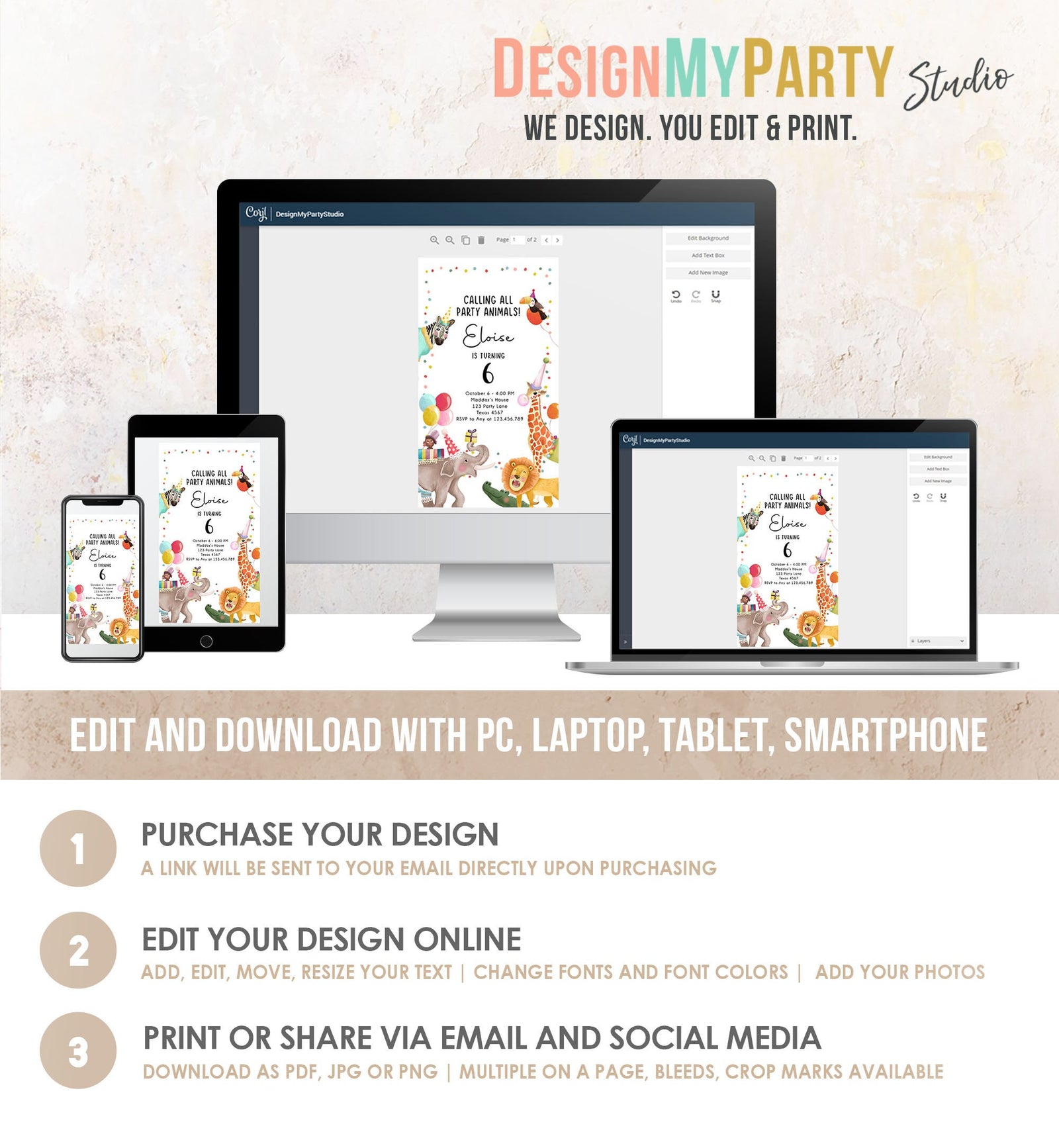 Editable Party Animals Birthday Evite Wild One Animals Invite Zoo Safari Animals Girl Digital Download Evite Template 0482