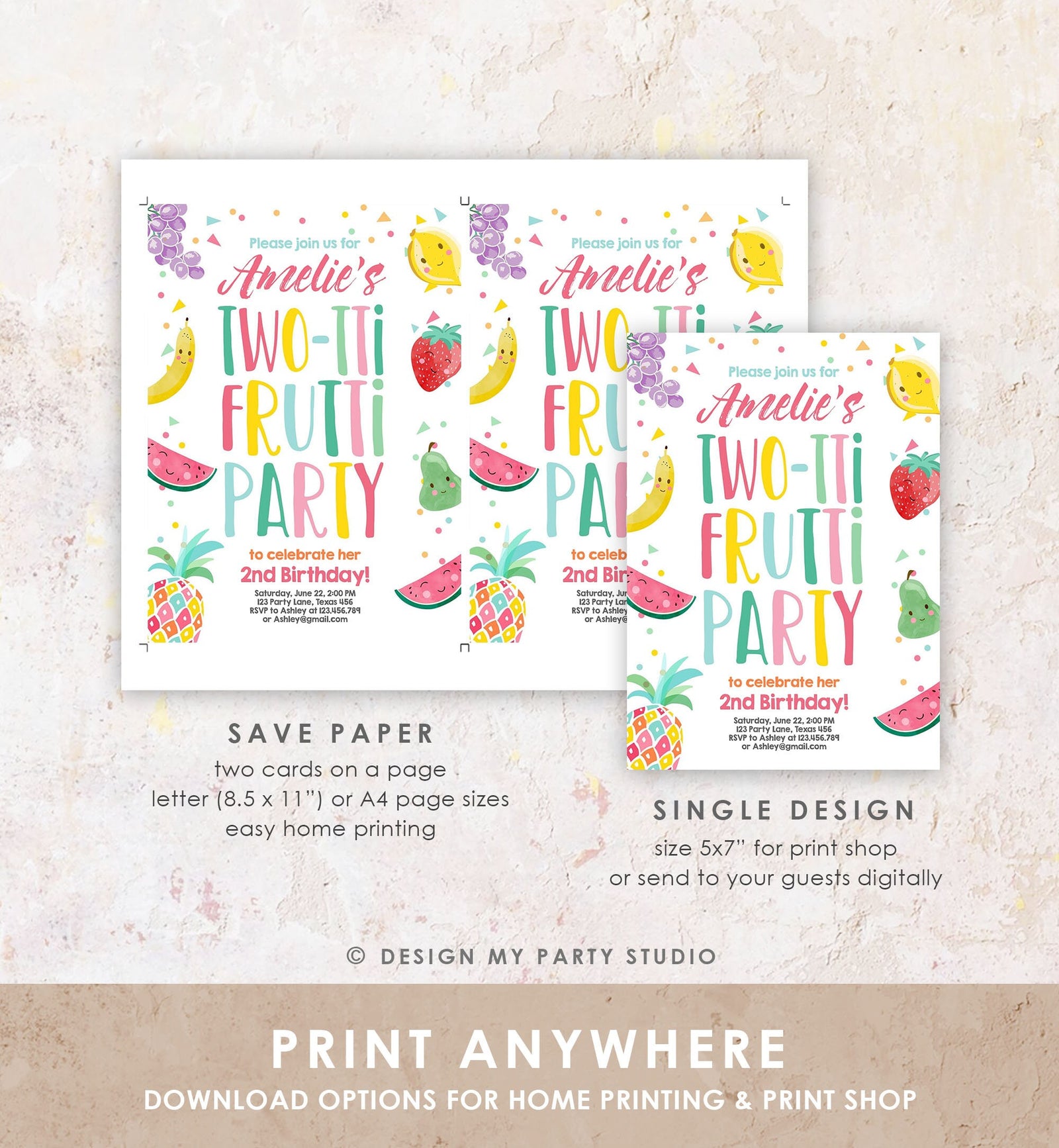 Editable Two-tti Frutti Birthday Invitation Two-tti Fruiti Fruit Second 2nd Birthday Tropical Summer Digital Corjl Template Printable 0139