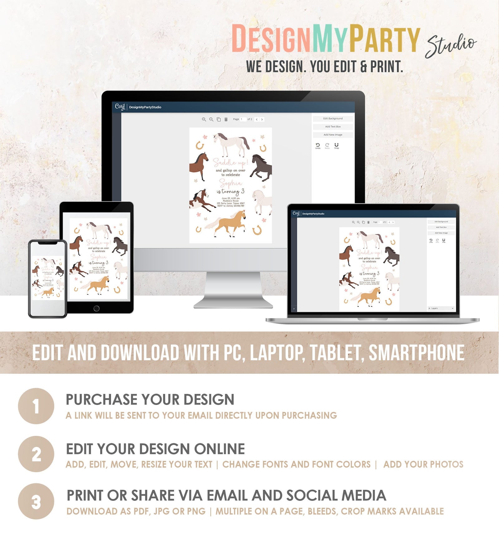 Editable Horse Birthday Invitation Girl Saddle Up Cowgirl Horse Party Horse Invite Pink Pony Floral Download Printable Template Evite 0513