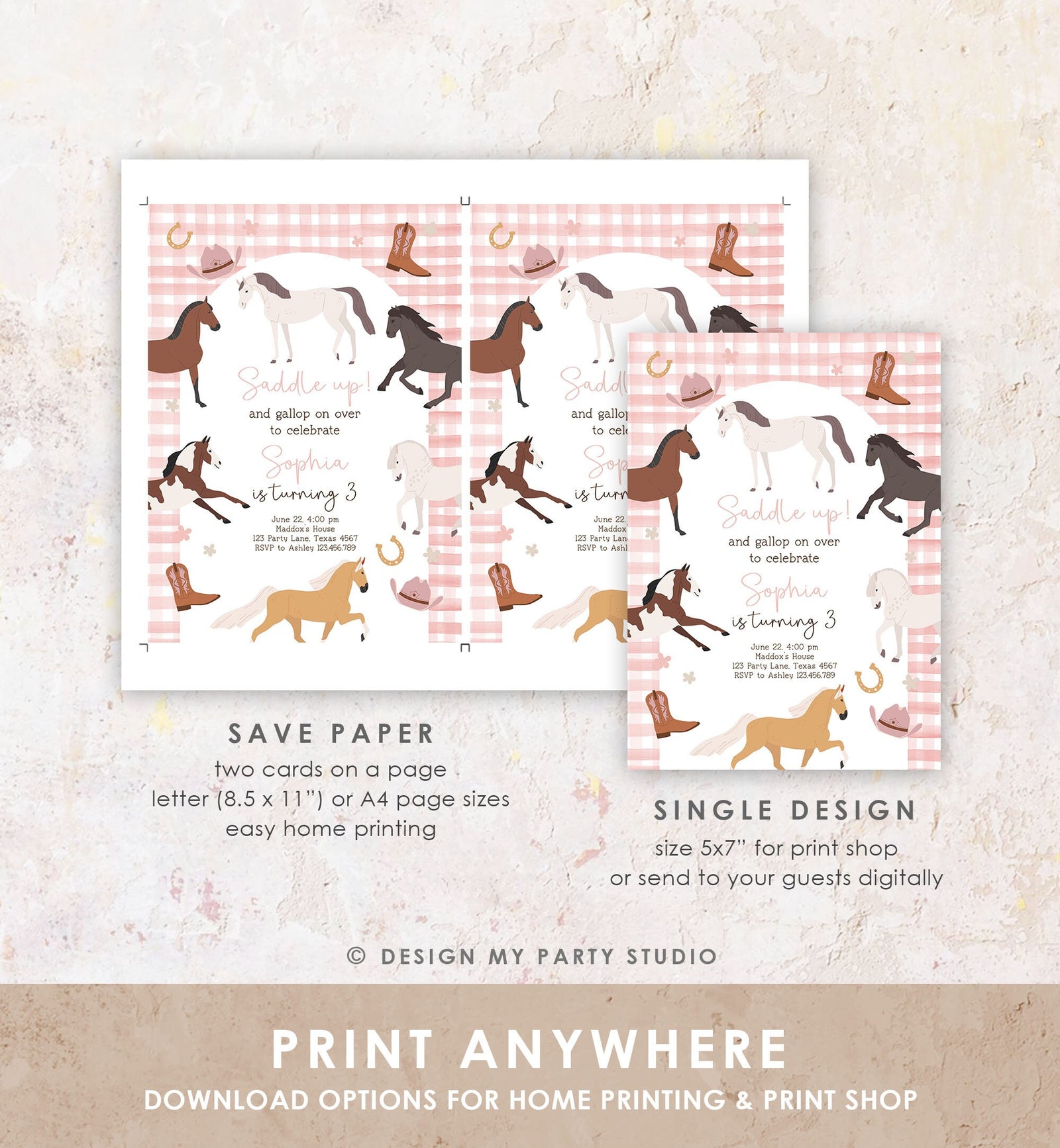 Editable Horse Birthday Invitation Girl Saddle Up Cowgirl Horse Party Horse Invite Pink Pony Floral Download Printable Template Corjl 0513
