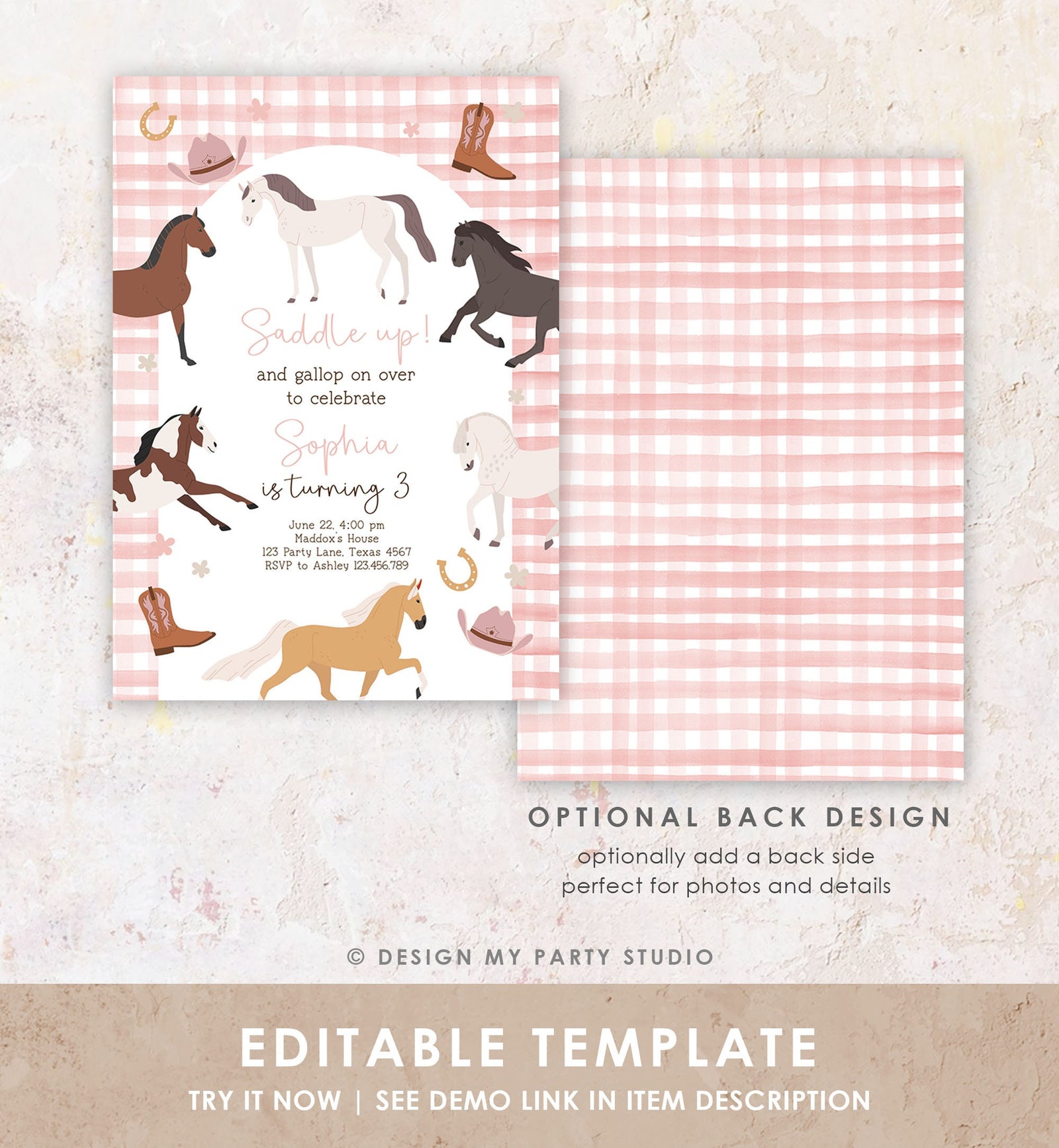 Editable Horse Birthday Invitation Girl Saddle Up Cowgirl Horse Party Horse Invite Pink Pony Floral Download Printable Template Corjl 0513