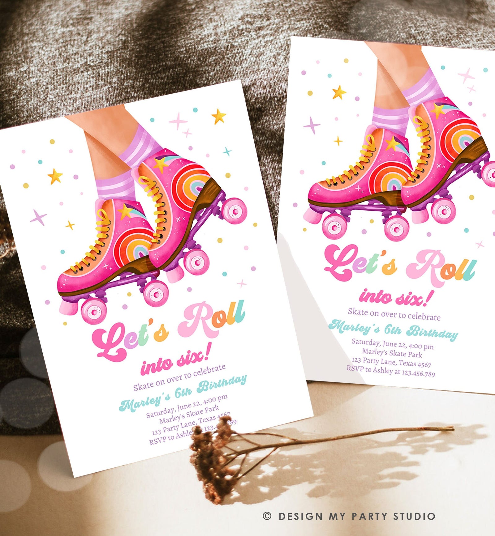 Editable Roller Skate Birthday Party Invitation Let's Roll Skating Kids Rainbow Rollerblade Rink Digital Download Template Printable 0514