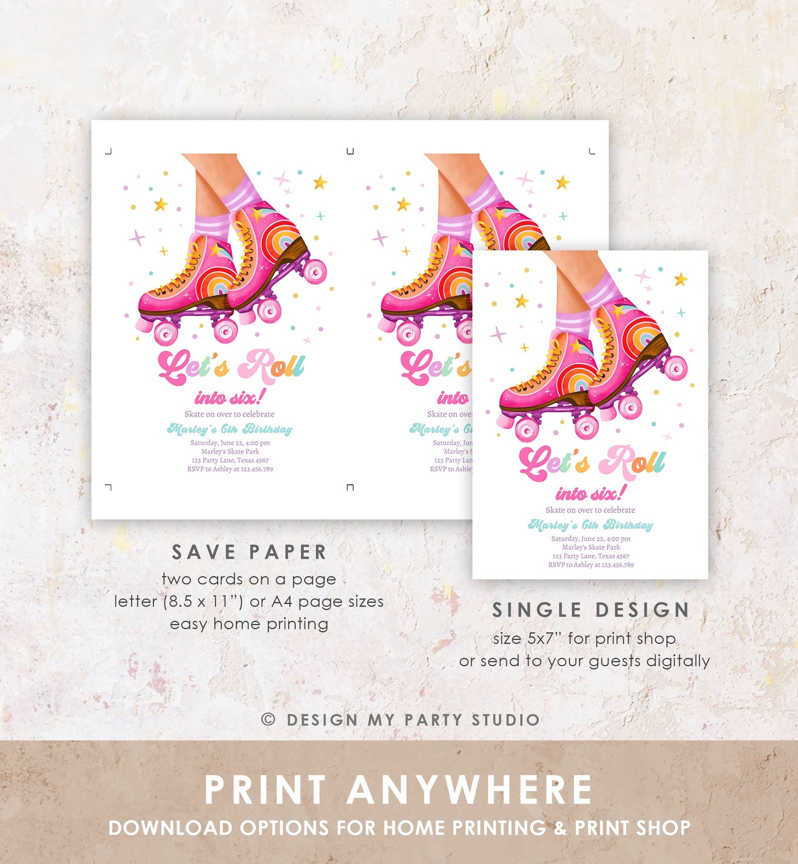 Editable Roller Skate Birthday Party Invitation Let's Roll Skating Kids Rainbow Rollerblade Rink Digital Download Template Printable 0514