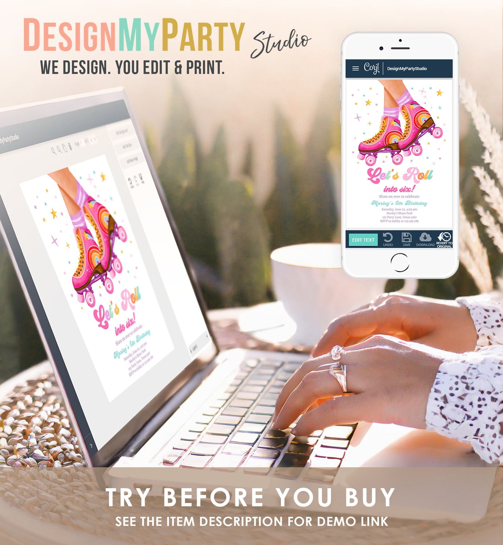 Editable Roller Skate Birthday Party Invitation Let's Roll Skating Kids Rainbow Rollerblade Rink Digital Download Template Printable 0514