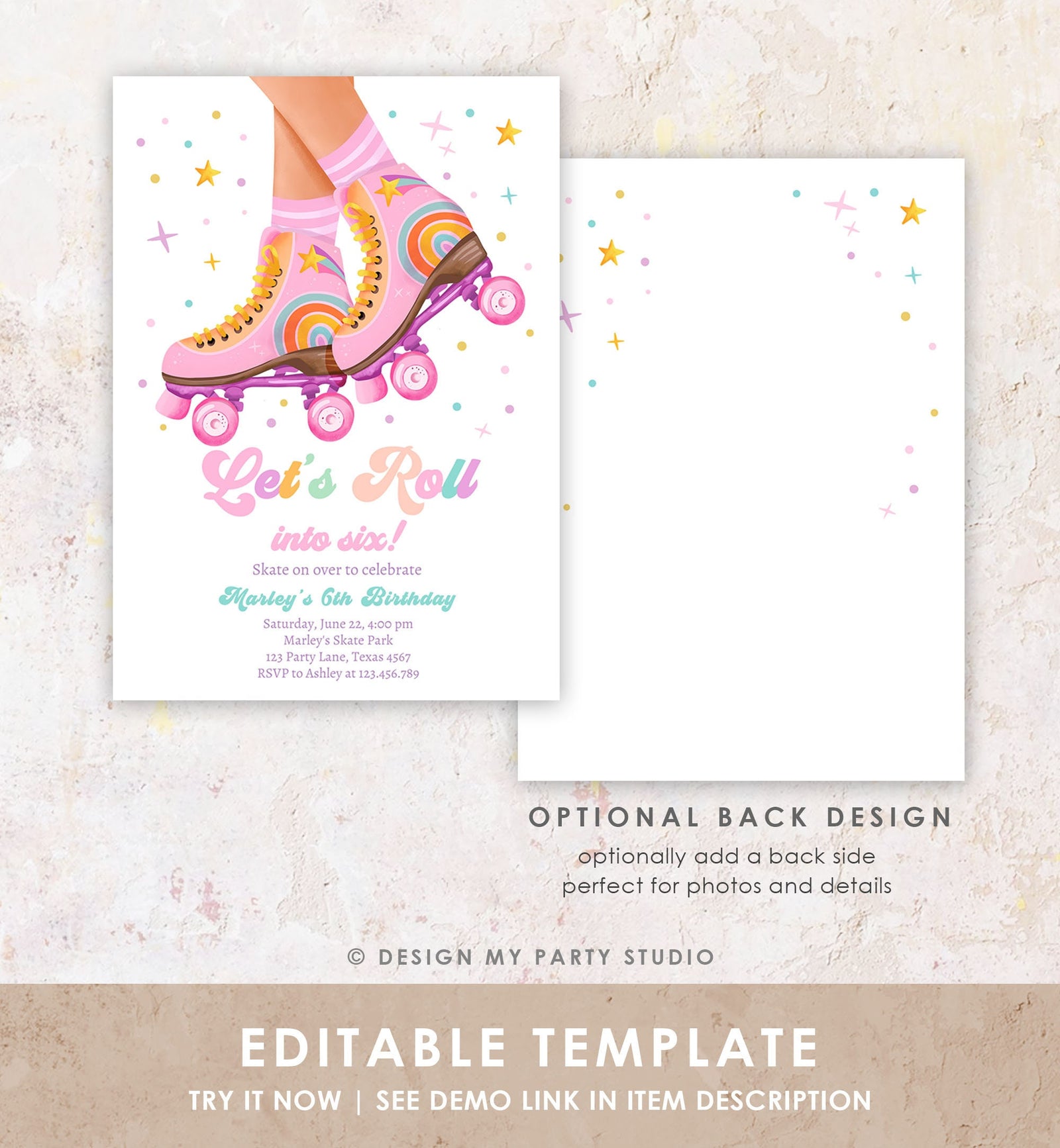 Editable Roller Skate Birthday Party Invitation Let's Roll Skating Kids Rainbow Rollerblade Pink Digital Download Template Printable 0514