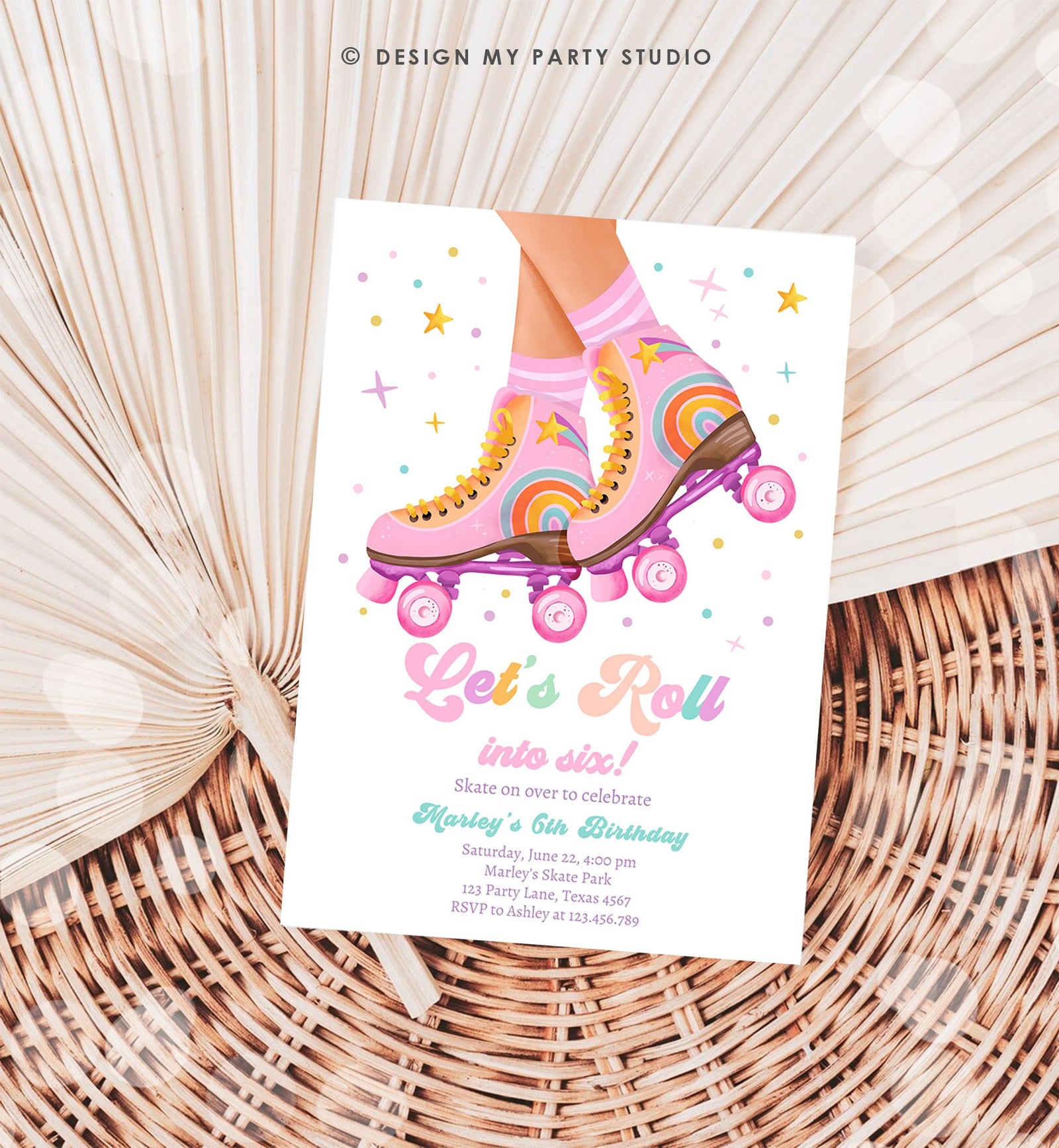 Editable Roller Skate Birthday Party Invitation Let's Roll Skating Kids Rainbow Rollerblade Pink Digital Download Template Printable 0514