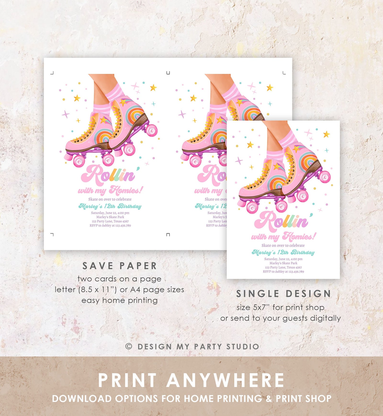 Editable Retro Roller Skate Birthday Party Invitation Rollin' With My Homies Skating 70's Skate Invite Download Template Evite Digital 0514