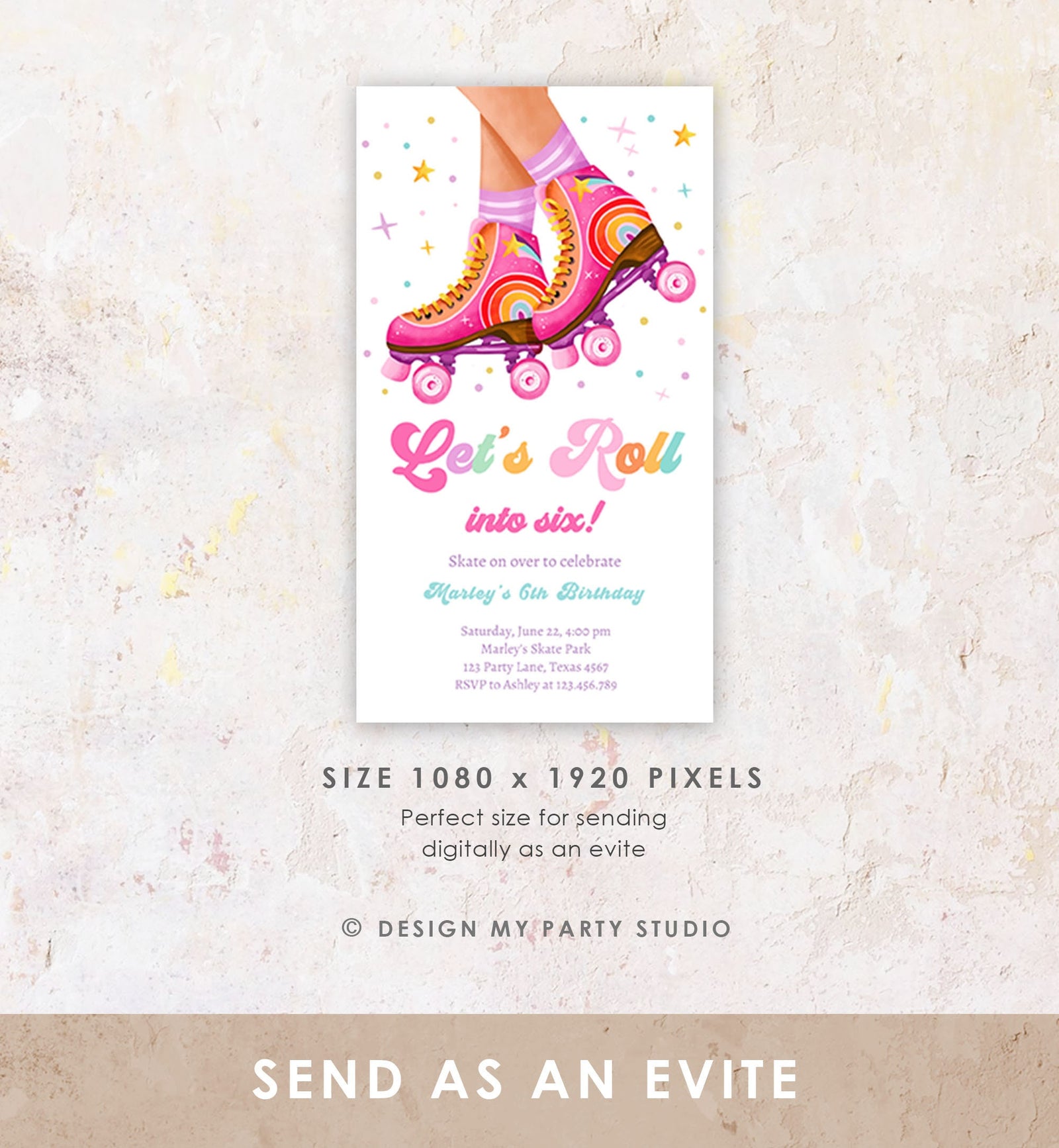 Editable Roller Skating Birthday Party Evite Teen Girl Skating Skate Rollerblade Rainbow Electronic Digital Download Template Printable 0514