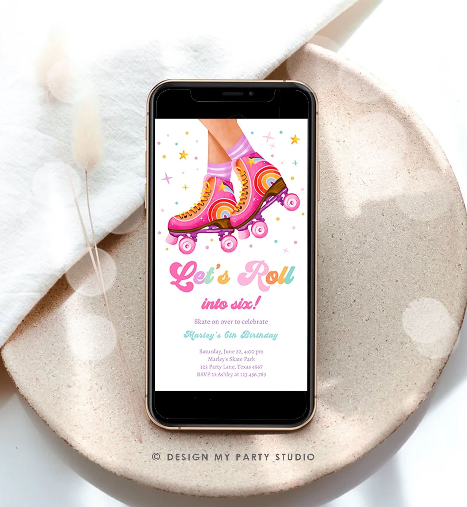 Editable Roller Skating Birthday Party Evite Teen Girl Skating Skate Rollerblade Rainbow Electronic Digital Download Template Printable 0514