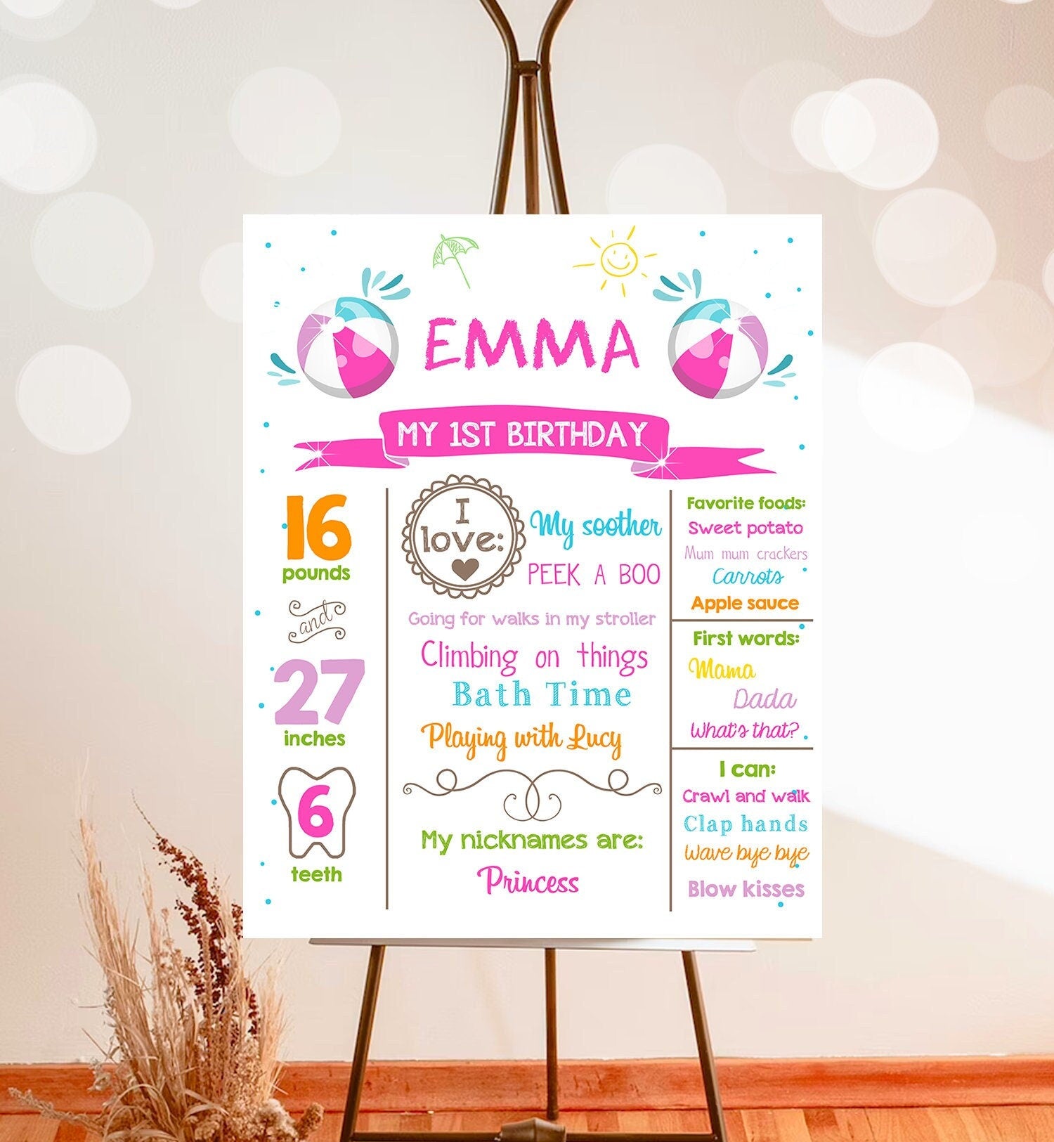 Editable Pool Party Birthday Milestone Poster Decor Splish Splash Ball Birthday Girl Pink First 1st Digital Download Template Printable 0169