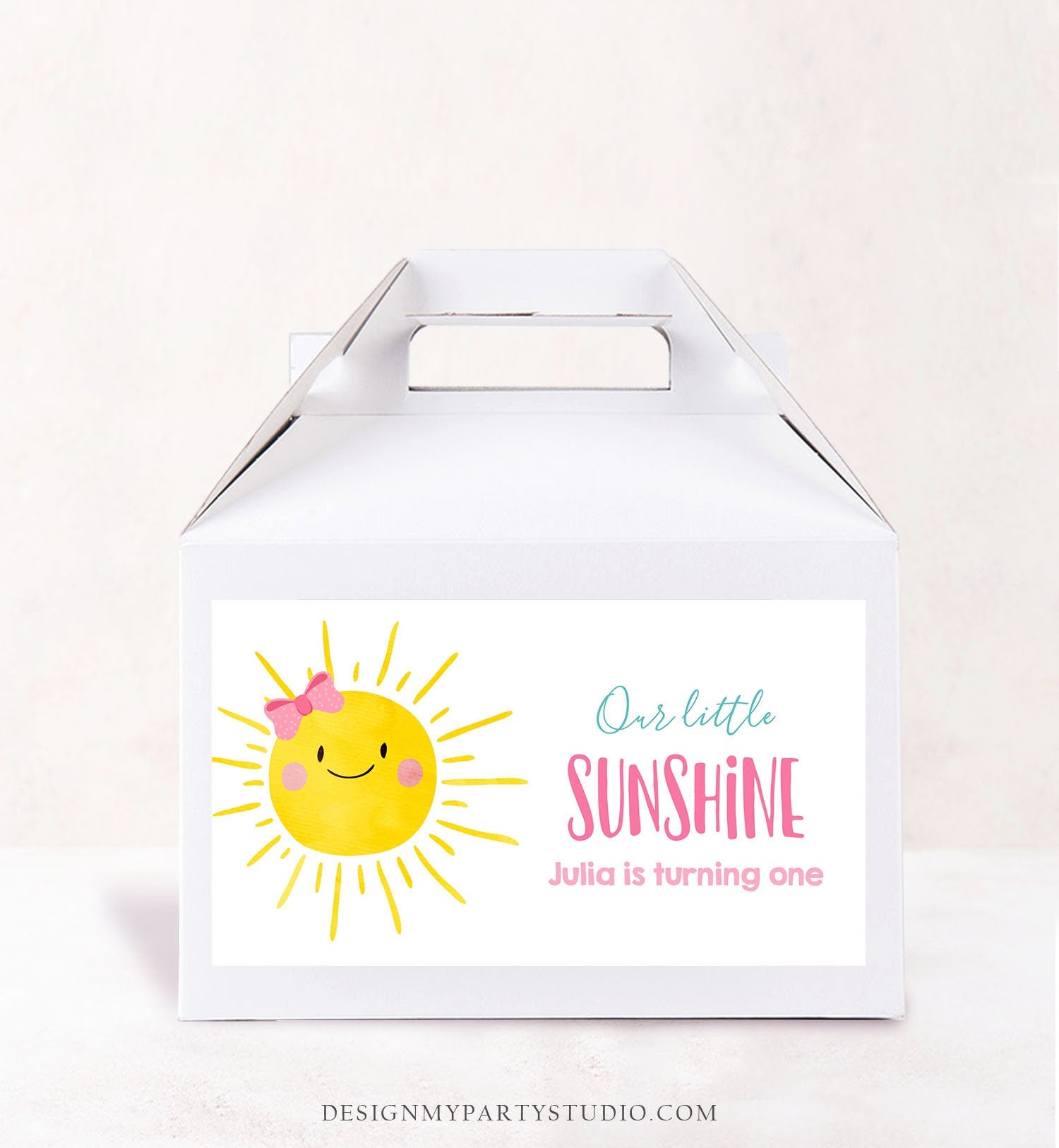 Editable Sunshine Girl Birthday Party Gable Box Favor Label Boho Sun Gift Box Labels Sun First Trip Pink Digital Download Printable 0141