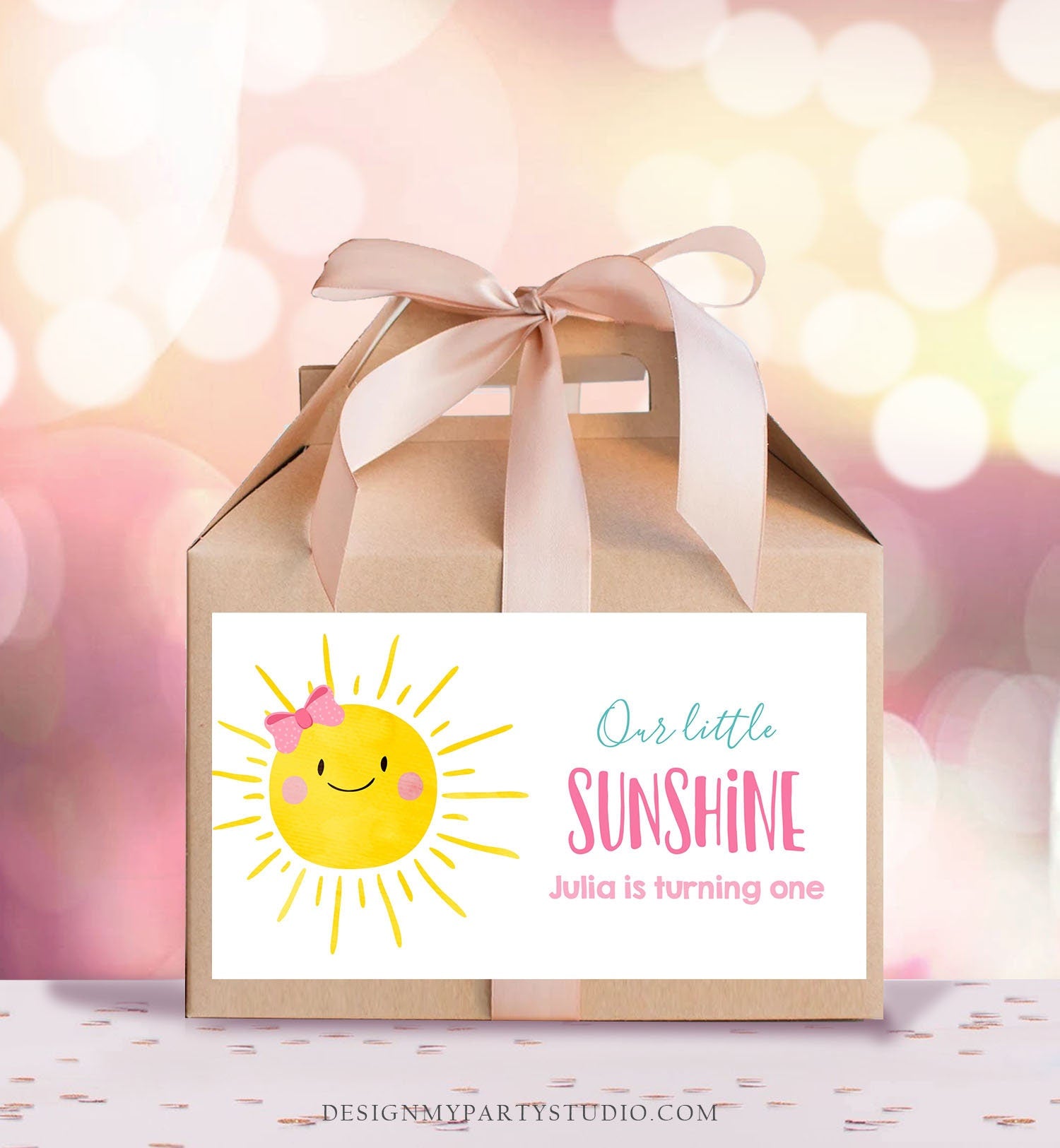 Editable Sunshine Girl Birthday Party Gable Box Favor Label Boho Sun Gift Box Labels Sun First Trip Pink Digital Download Printable 0141