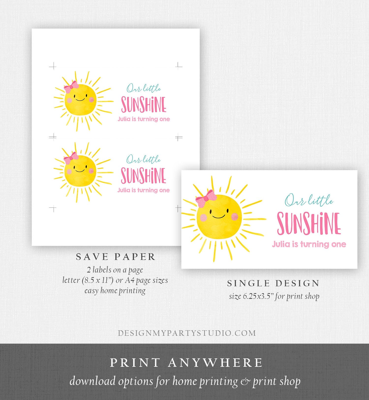 Editable Sunshine Girl Birthday Party Gable Box Favor Label Boho Sun Gift Box Labels Sun First Trip Pink Digital Download Printable 0141