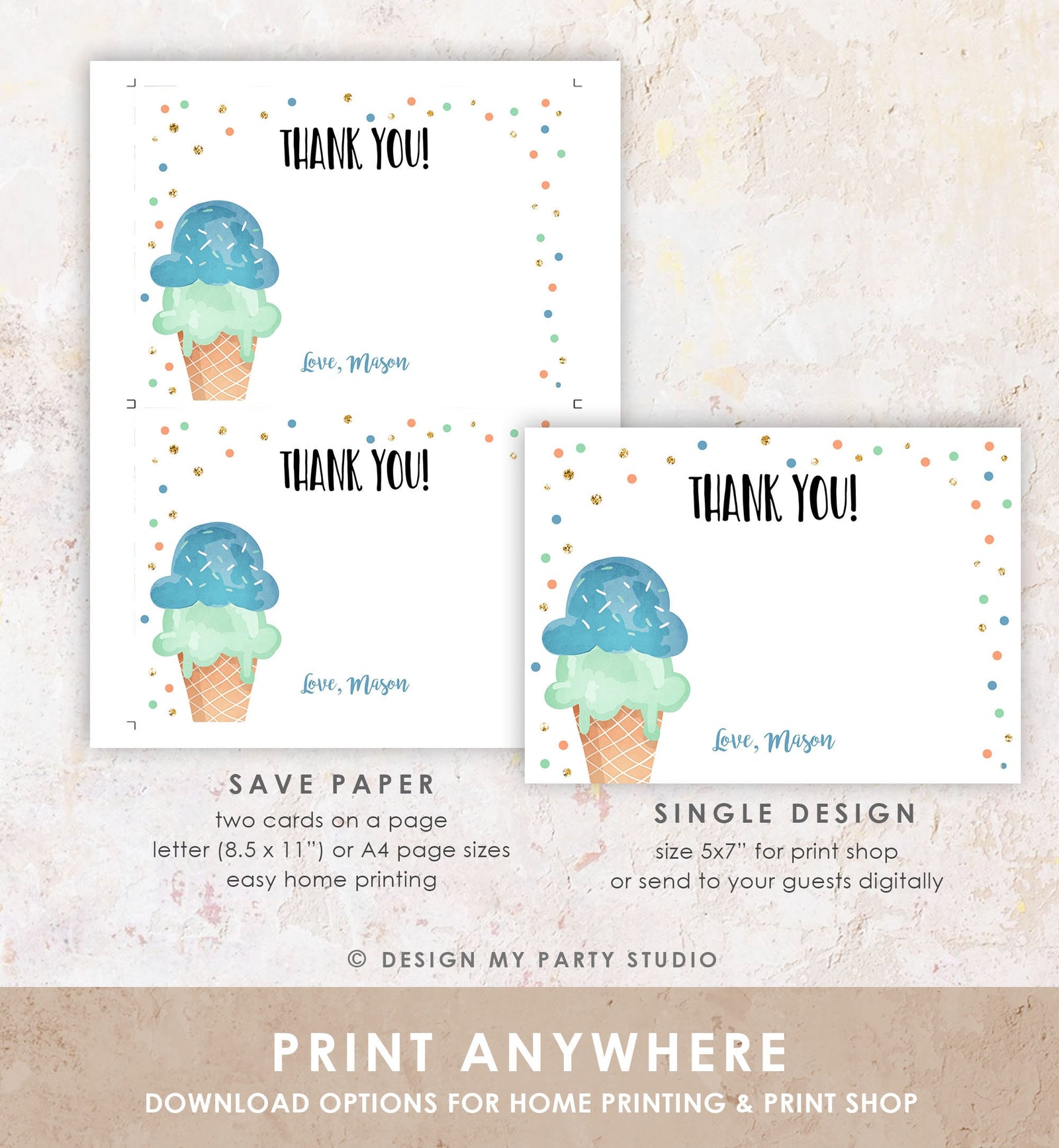 Editable Ice Cream Thank You Card Ice Cream Birthday Thank You Note Boy Birthday Summer Digital Download Template Printable 0243