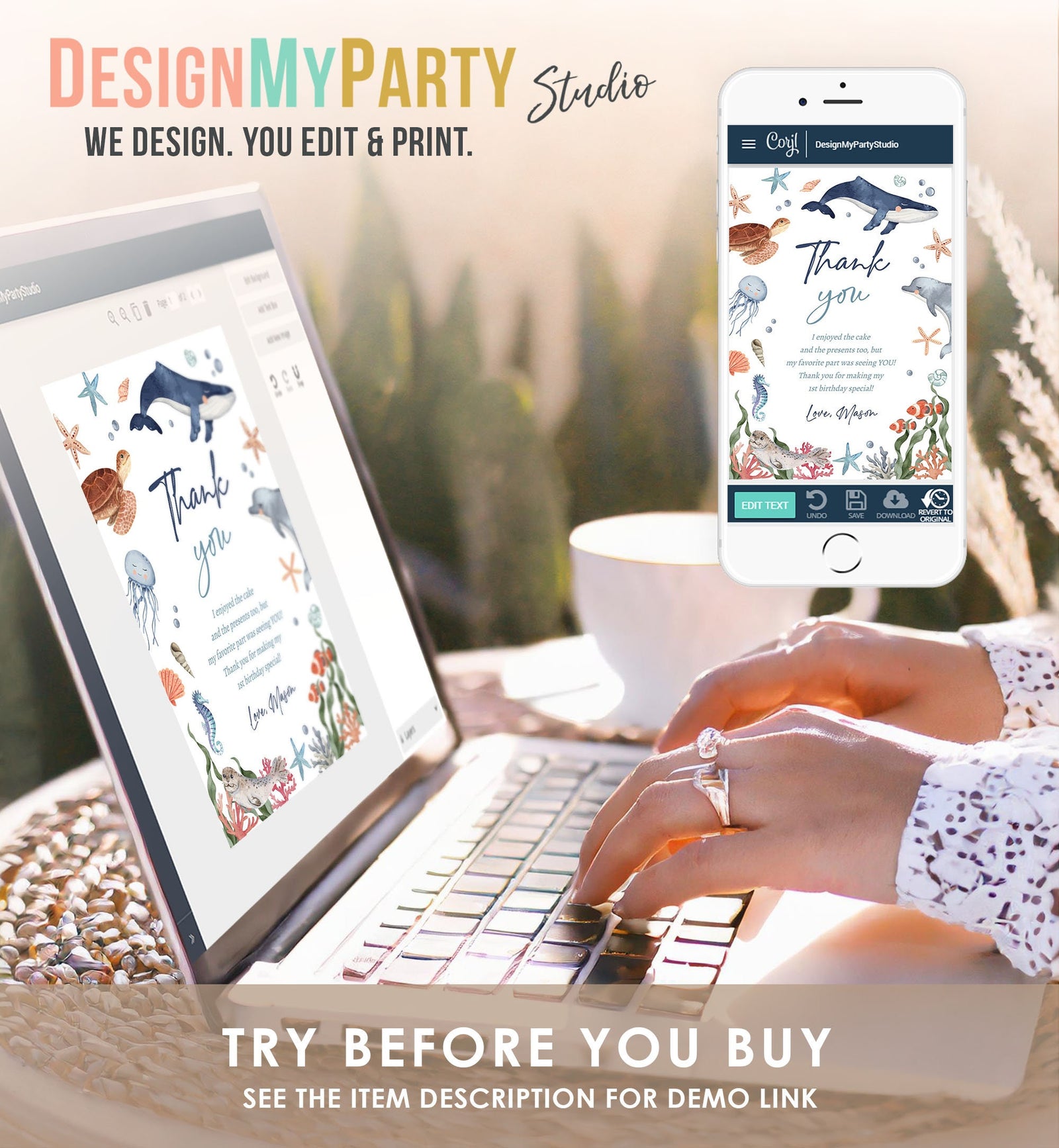 Editable Under the Sea Thank You Card Sea Ocean Animals Life Birthday Thank You Note Whale Turtle Dolphin Digital Template Printable 0504