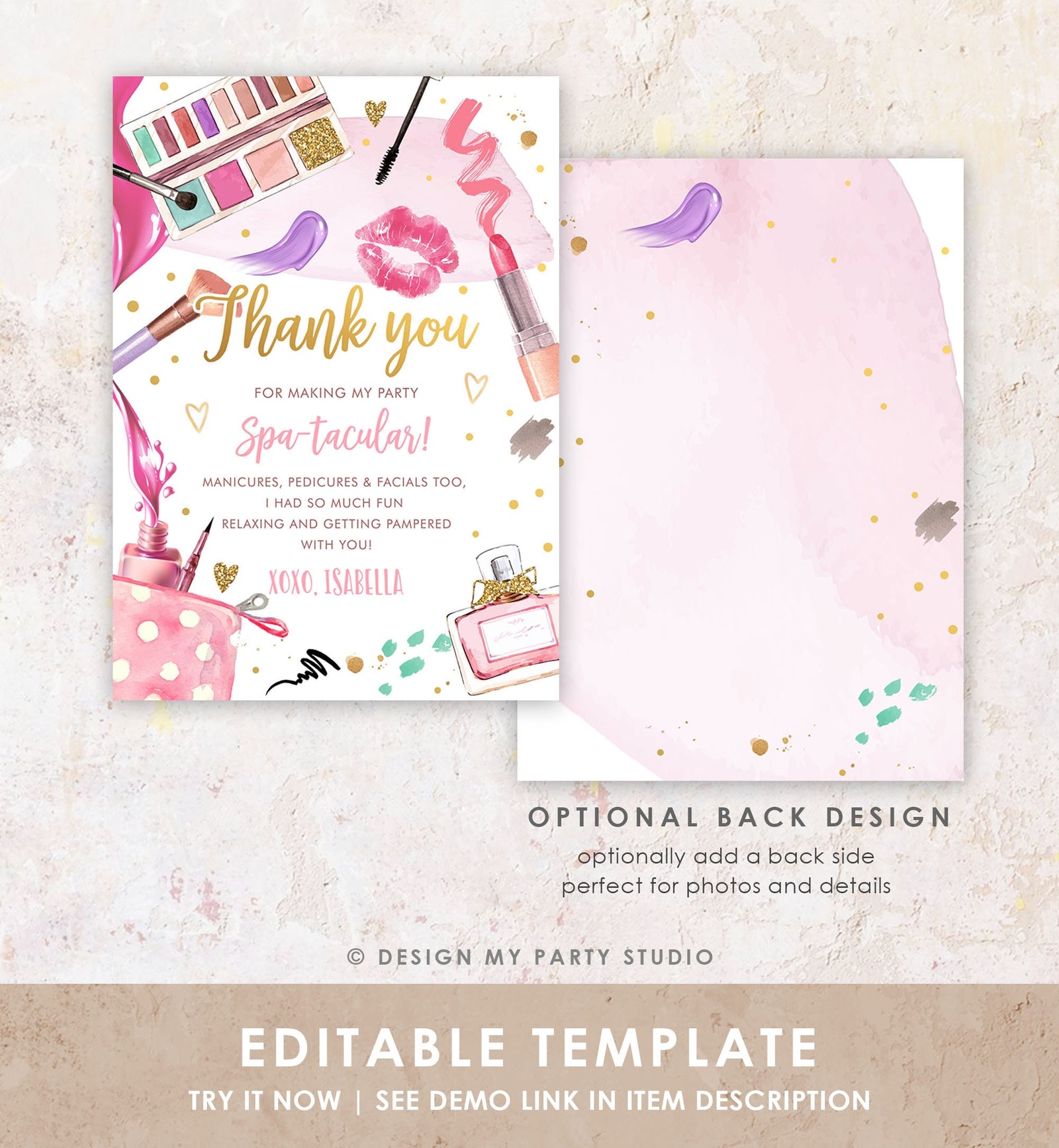 Editable Spa Party Thank You Card Glamour Party Thank You Note Spa Birthday Girl Make Up Party Glam Pink Digital Corjl Template 0420