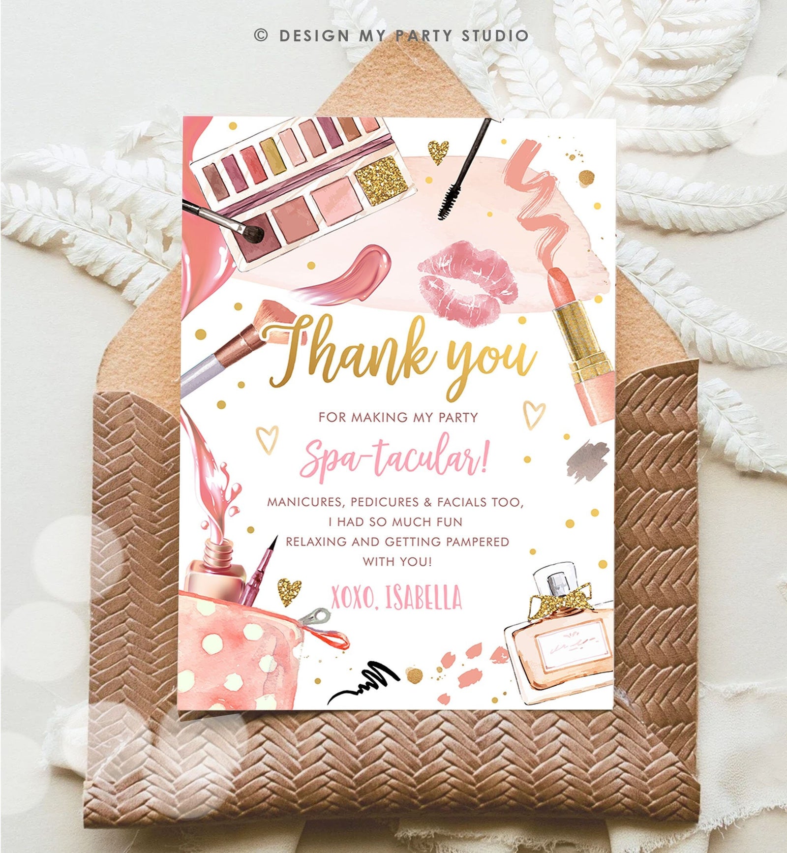 Editable Spa Party Thank You Card Glamour Party Thank You Note Spa Birthday Girl Make Up Party Glam Pink Digital Corjl Template 0420