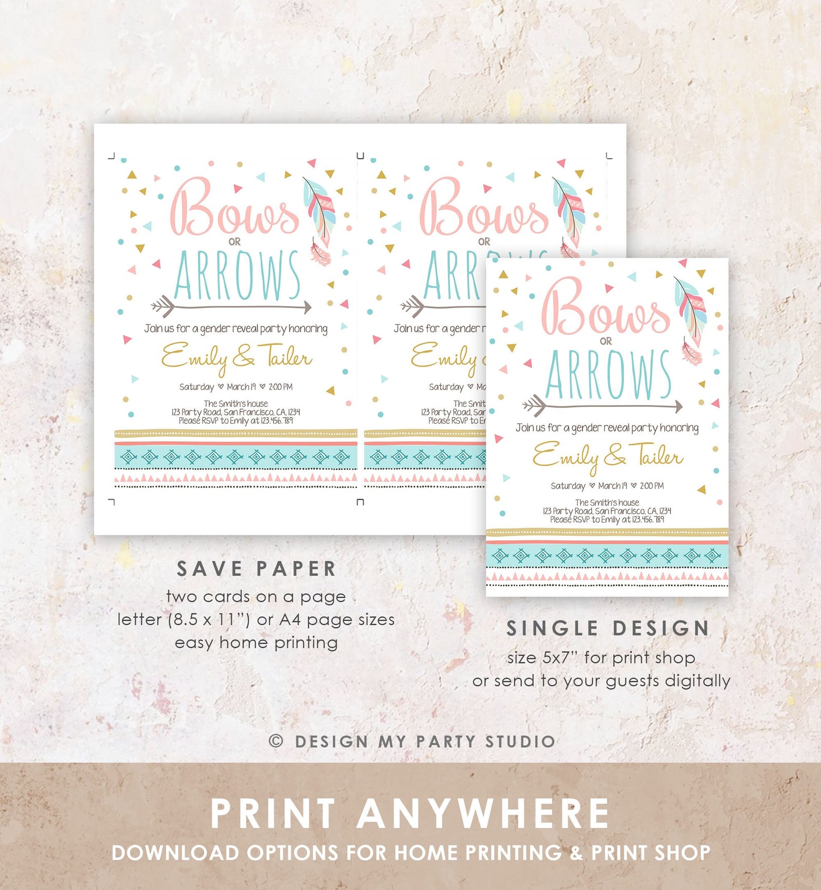 Editable Bows or Arrows Gender Reveal Invitation Tribal Boy or Girl He or She Blue Pink Digital Download Corjl Template Printable 0284