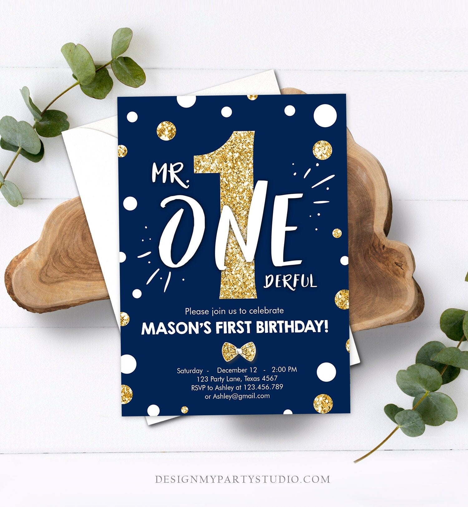 Editable Mr Onederful Birthday Invitation Gold Bow Tie Navy Blue Boy First Birthday Confetti 1st Download Corjl Template Printable 0072