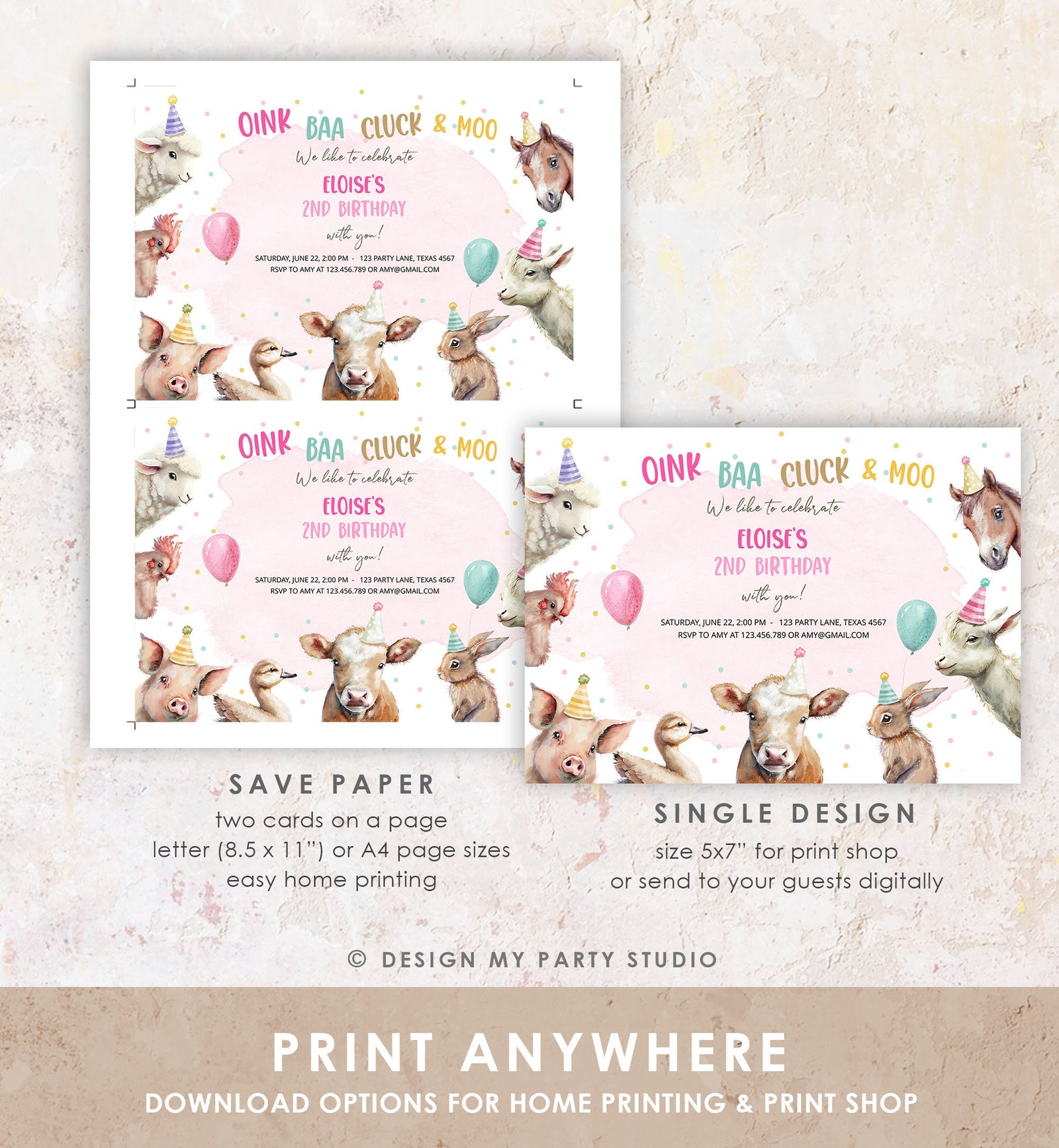 Editable Farm Birthday Invitation Girl Farm Animals Pink Barnyard Party Confetti Download Printable Invitation Template Digital Corjl 0448