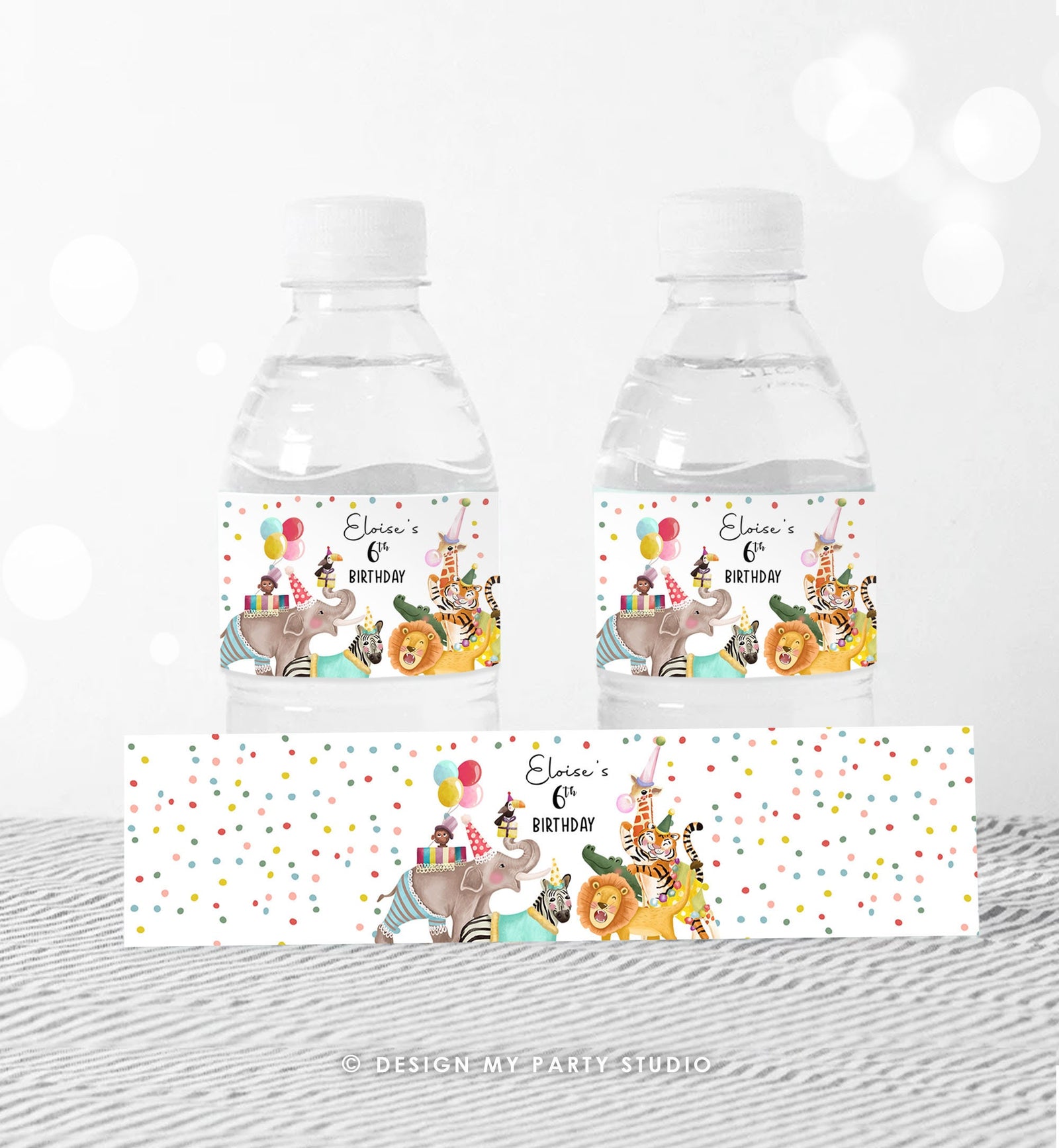 Editable Water Bottle Labels Party Animals Birthday Wild One Birthday Decor Safari Animals Bottle Wrapper Digital Template Printable 0482