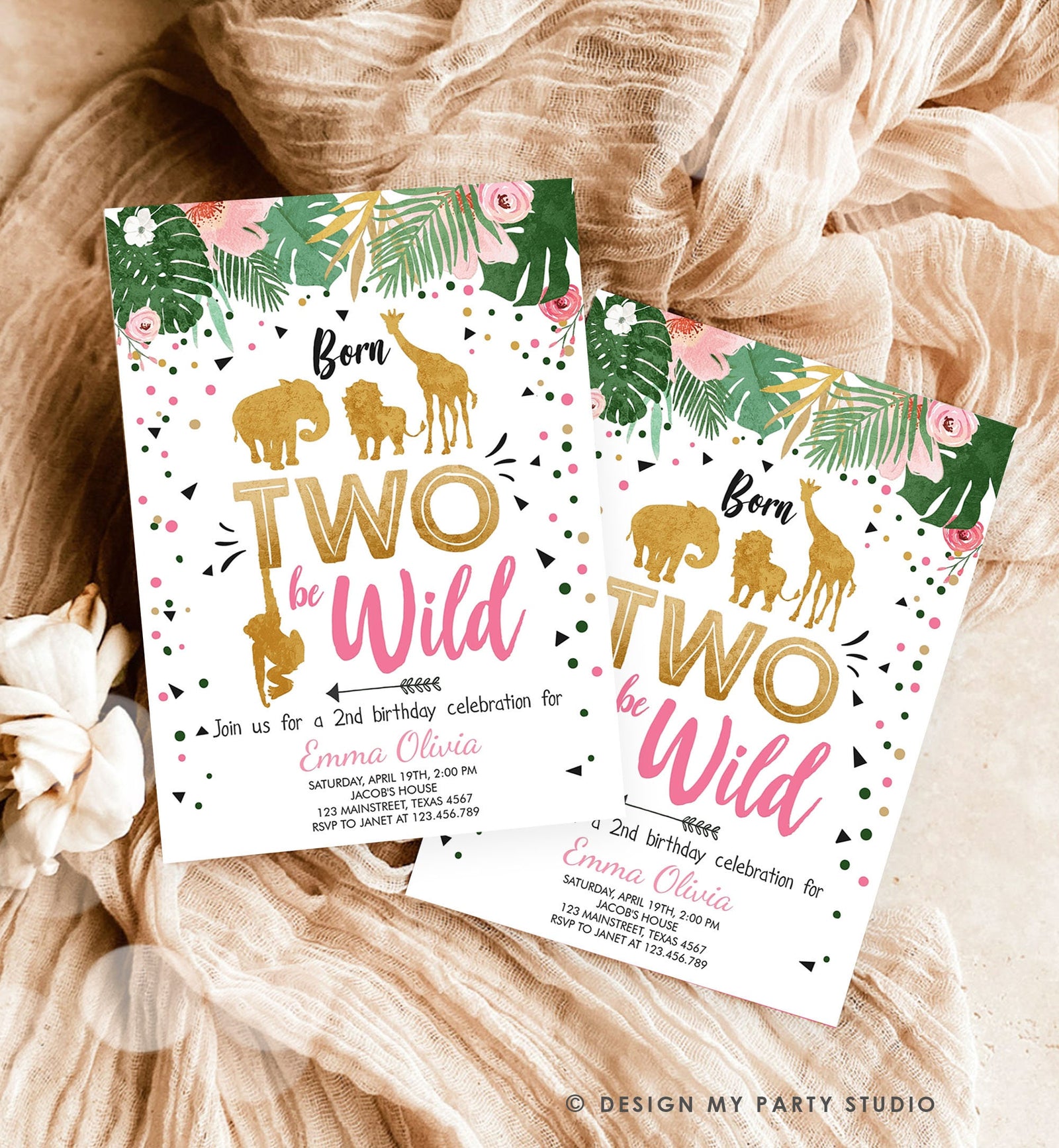 Editable Born Two Be Wild Birthday Invitation Girl Animals Jungle Safari Pink Gold 2nd Birthday Digital Download Template Printable 0016