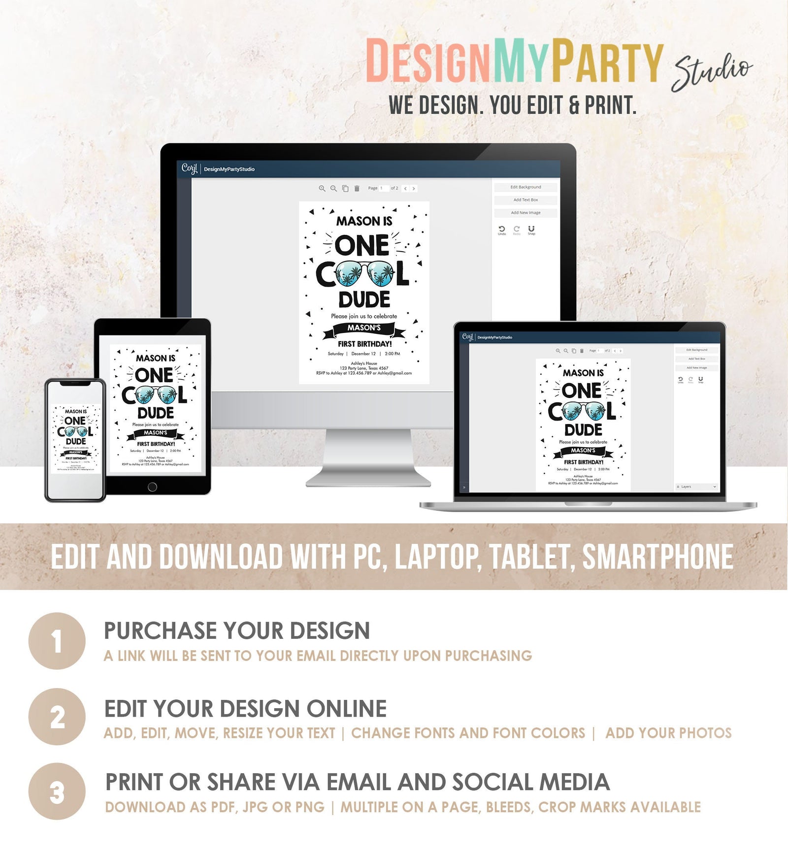 Editable One Cool Dude 1st Birthday Invitation Boy First Birthday Sunglasses Palm Tropical Pool Digital Evite Template Printable 0136