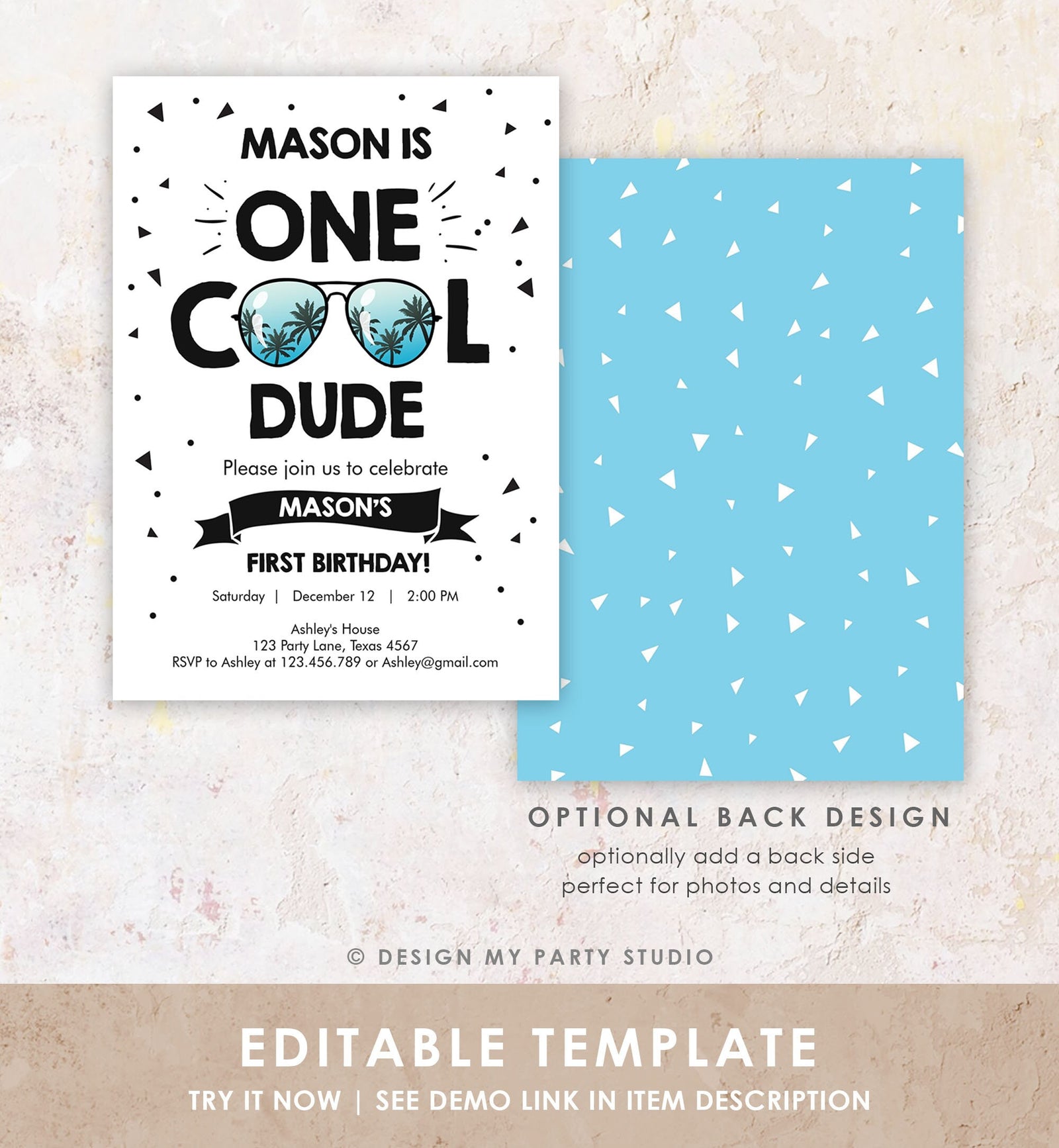 Editable One Cool Dude 1st Birthday Invitation Boy First Birthday Sunglasses Palm Tropical Pool Digital Evite Template Printable 0136