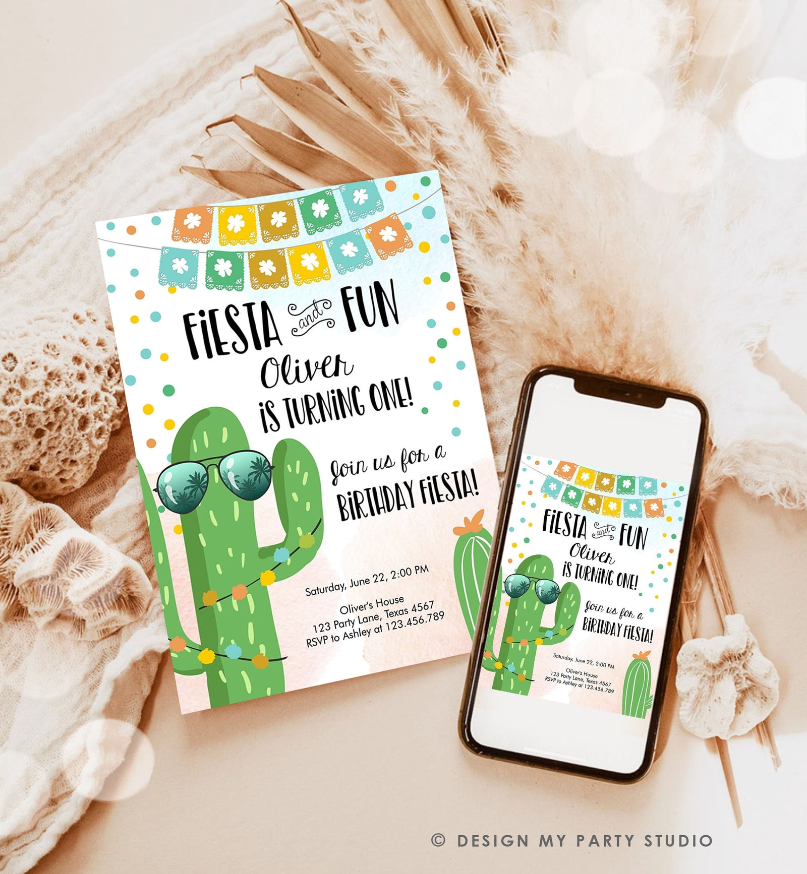 Editable Fiesta and Fun Birthday Invitation First Fiesta Cactus Sunglasses Blue Boy ANY AGE Digital Download Evite Template Printable 0135
