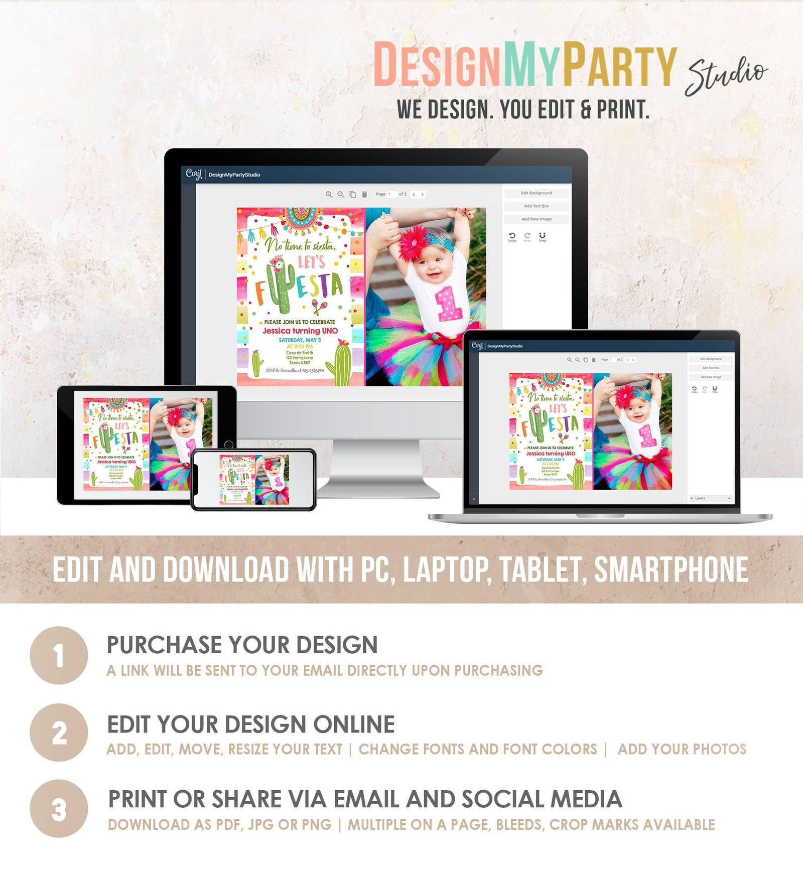 Editable Let's Fiesta Birthday Invitation Cactus Succulent First Birthday Party Girl 1st Mexican Uno Digigtal Evite Template Printable 0134