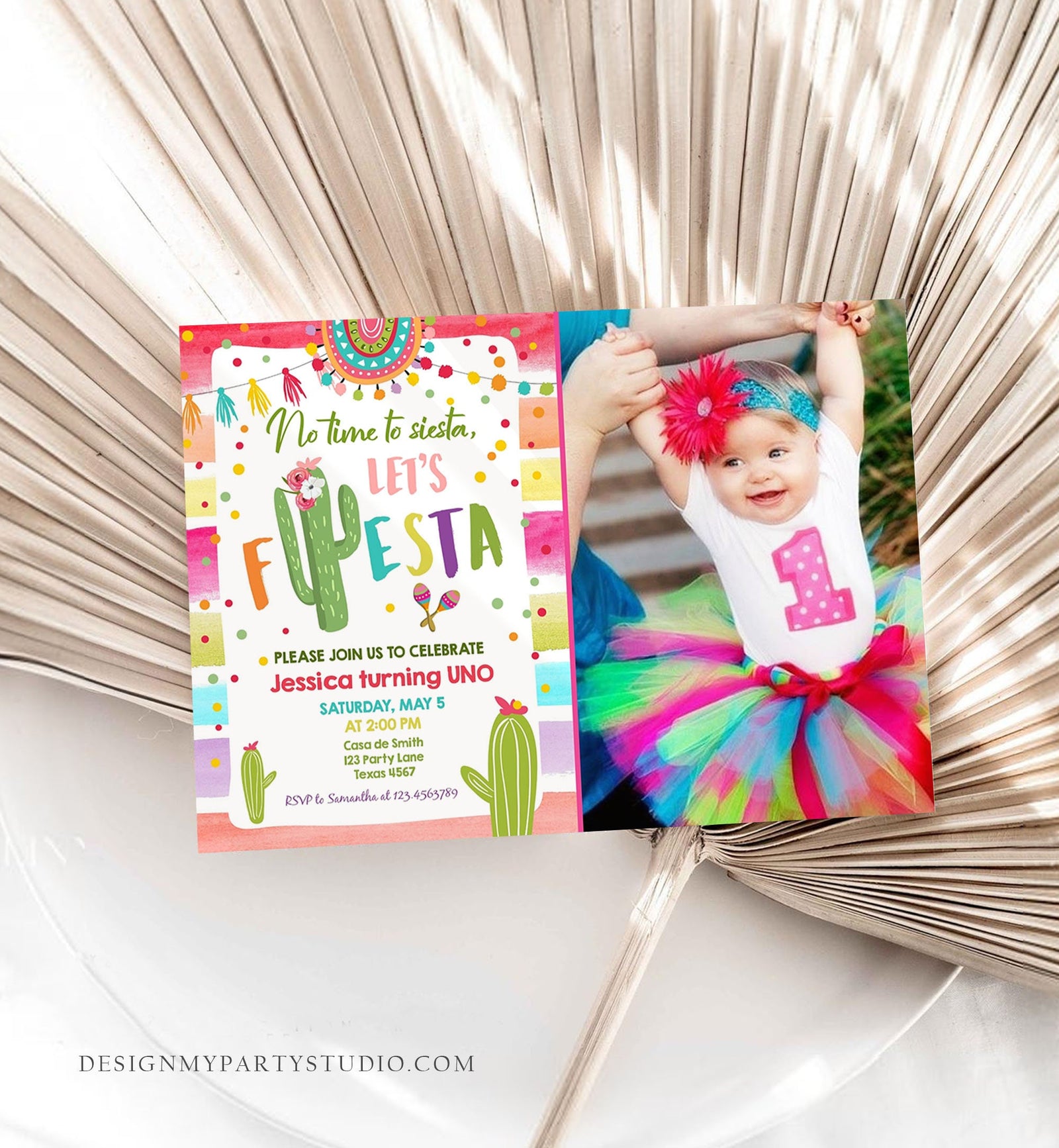 Editable Let's Fiesta Birthday Invitation Cactus Succulent First Birthday Party Girl 1st Mexican Uno Digigtal Evite Template Printable 0134