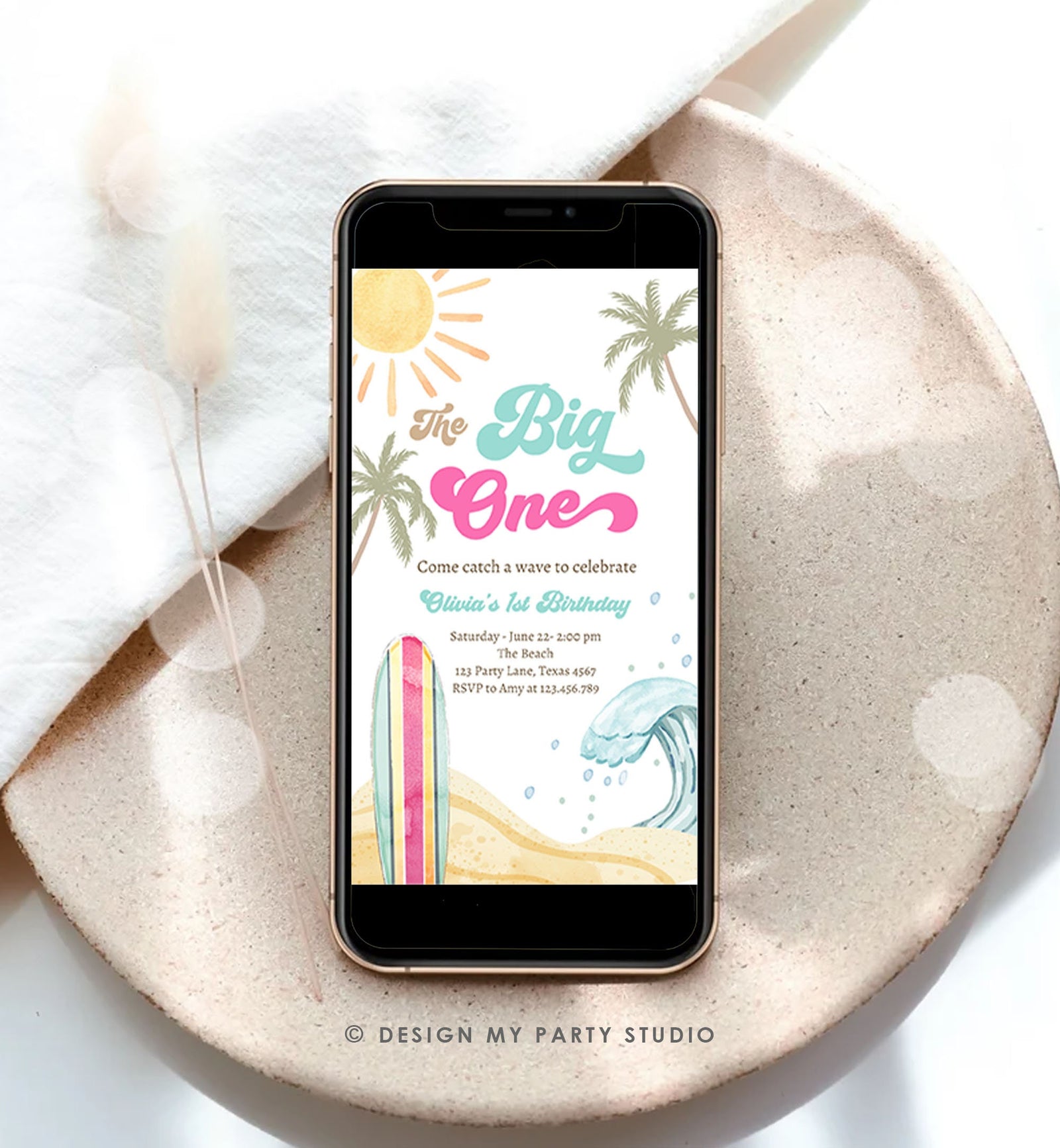 Editable The Big One Surf 1st Birthday Invitation Retro Surfboard Beach Party Wave Surfer Boho Girl Evite Digital Download Template 0433