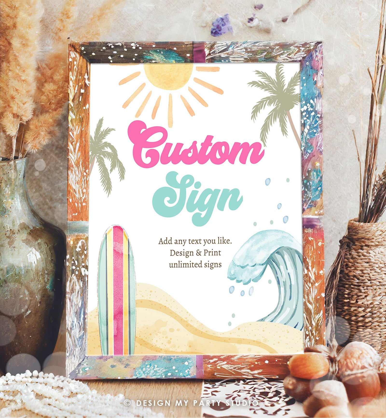 Editable Custom Sign Surf Birthday Party Sign Girl The Big One Surfing Birthday Sign Beach Party Retro Wave Digital Template Printable 0433