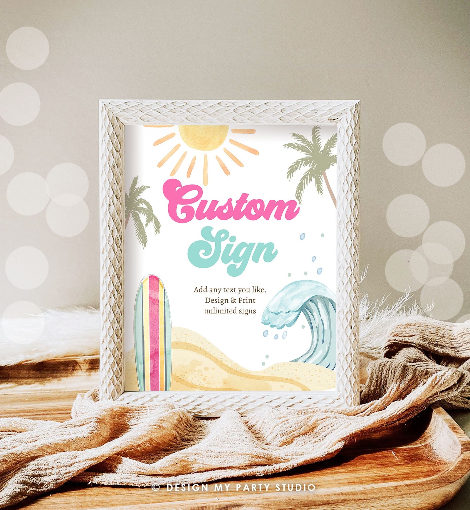 Editable Custom Sign Surf Birthday Party Sign Girl The Big One Surfing Birthday Sign Beach Party Retro Wave Digital Template Printable 0433