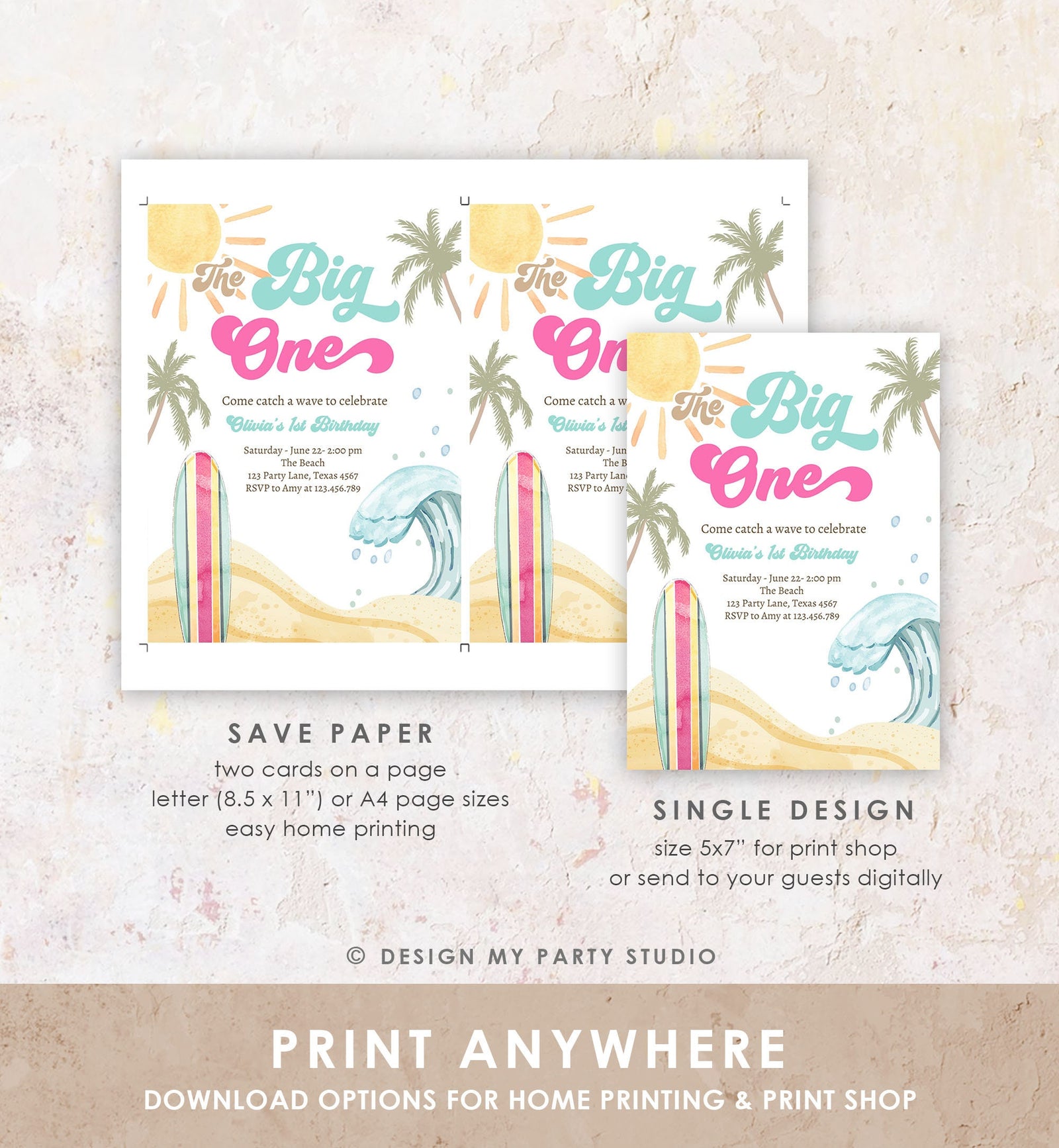 Editable The Big One Surf 1st Birthday Invitation Retro Surfboard Beach Party Girl Pink Surfer Boho Digital Download Template Printable 0433