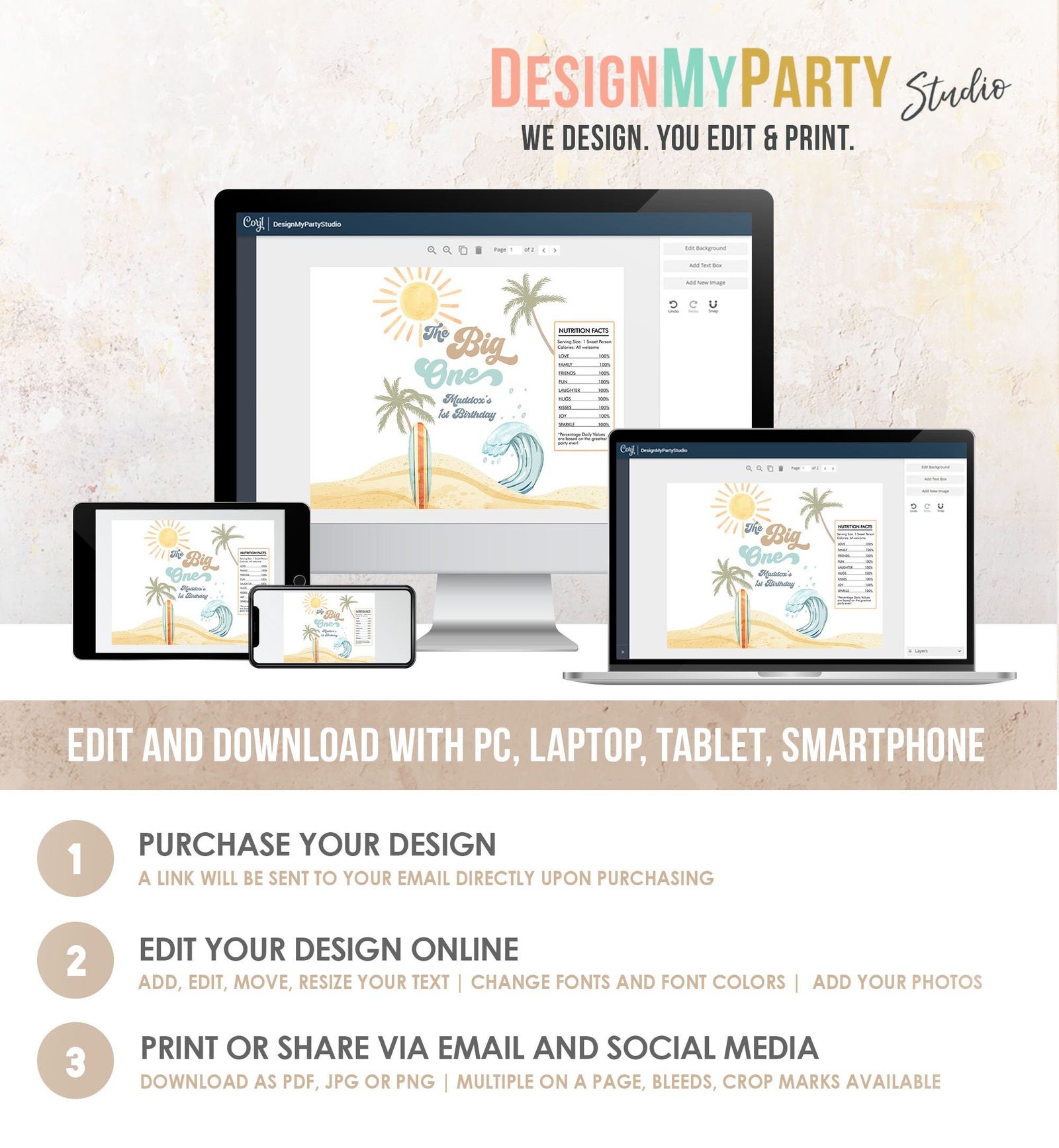 Editable Surf Party Chip Bag The Big One First Birthday Boy Surfing Surfboard Retro Beach Party Favors Digital Template Printable 0433